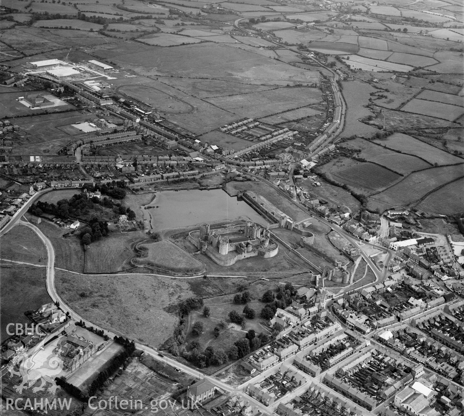 View of Caerphilly showing castle and Virginia Park stadium