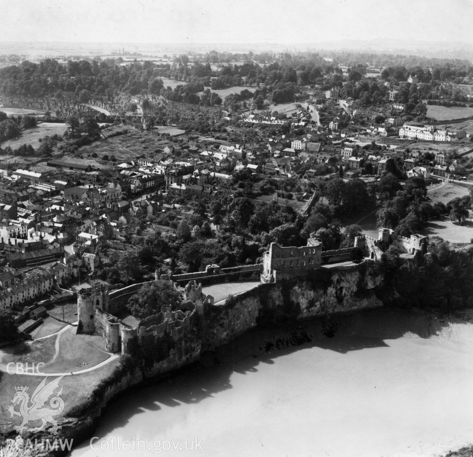 View of Chepstow showing castle. Oblique aerial photograph, 5?" cut roll film.