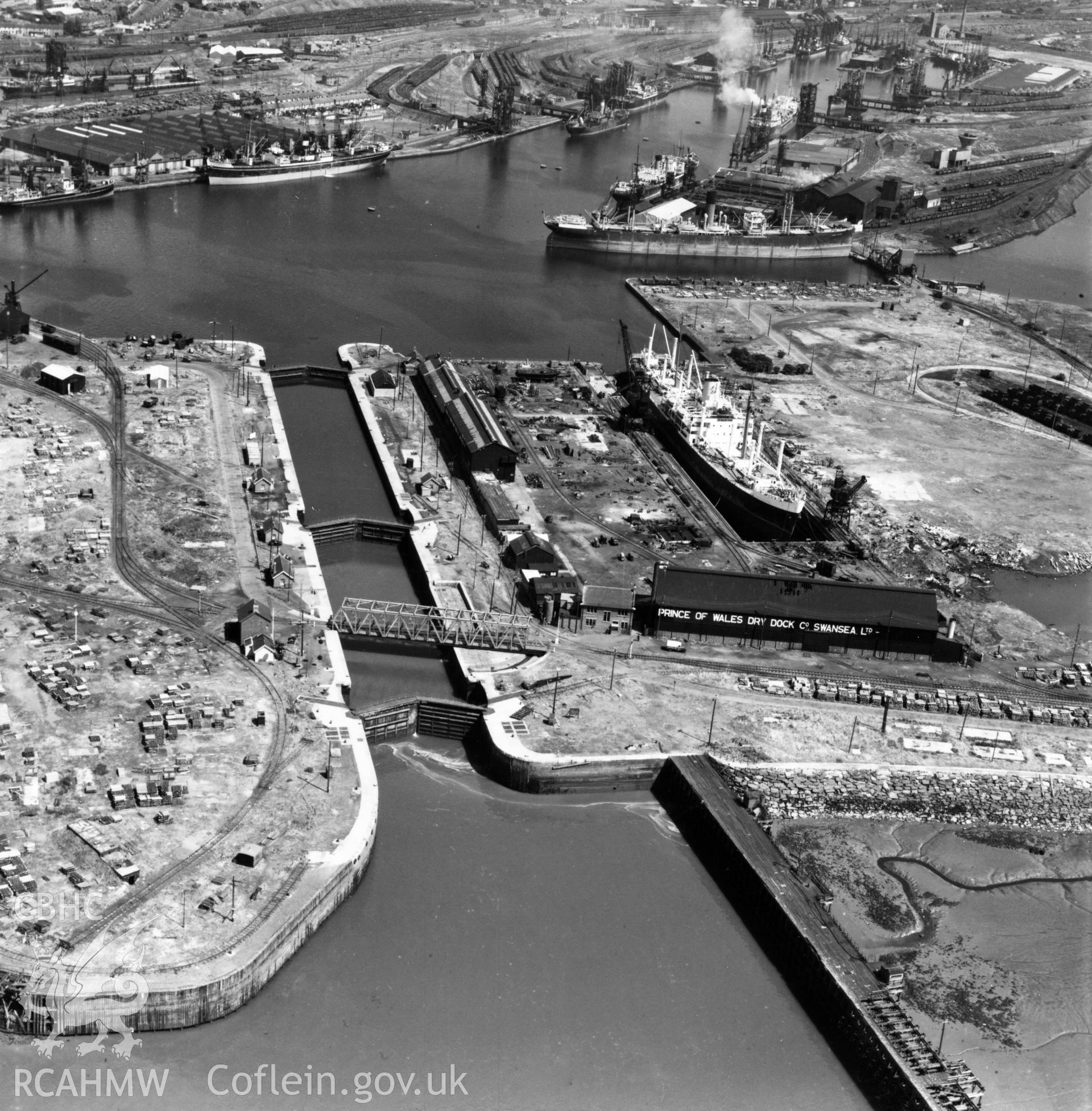 View of Palmers dry dock, Prince of Wales Dry Dock Co. Ltd., Swansea. Oblique aerial photograph, 5?" cut roll film.