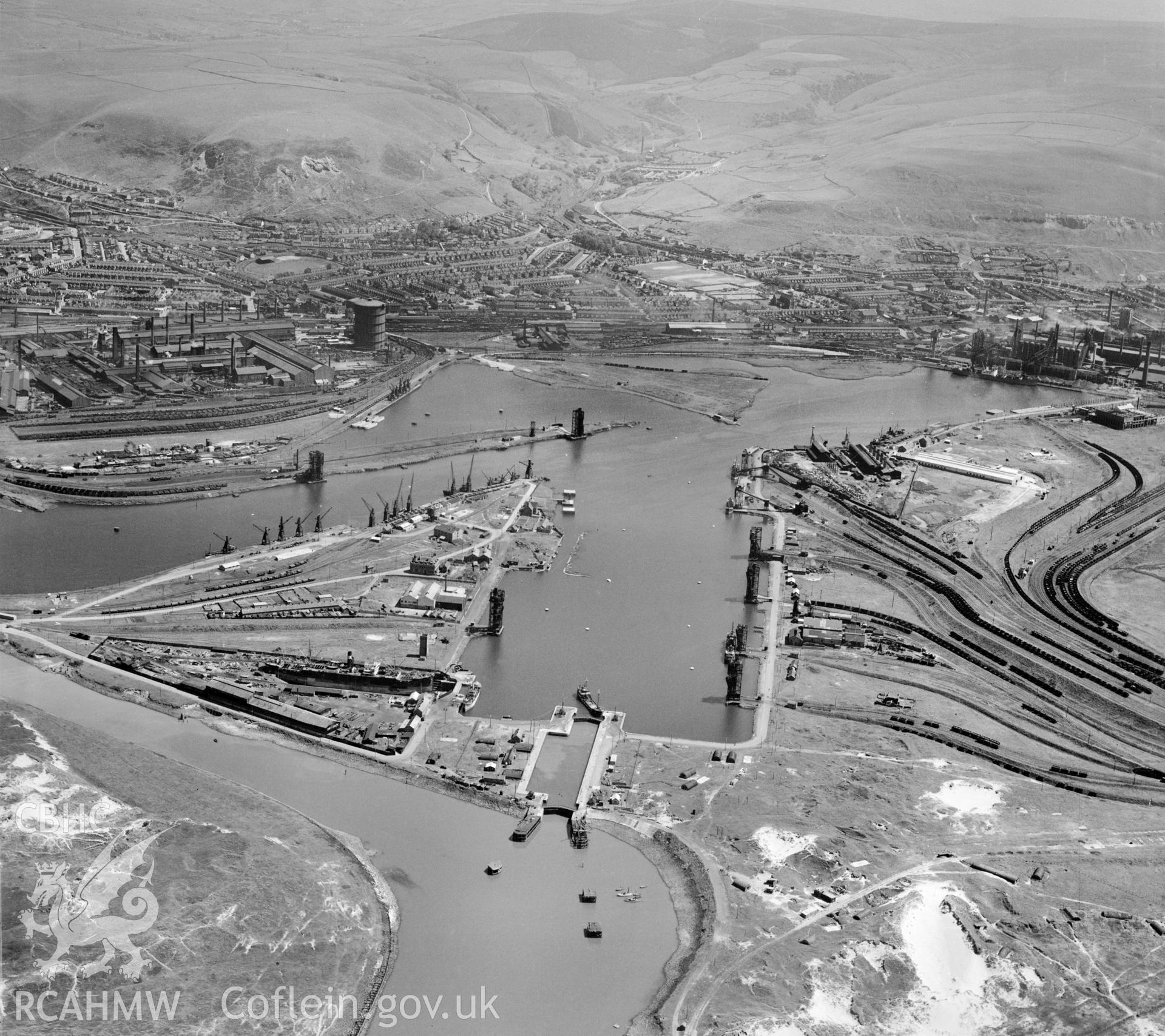 General view of Port Talbot showing docks