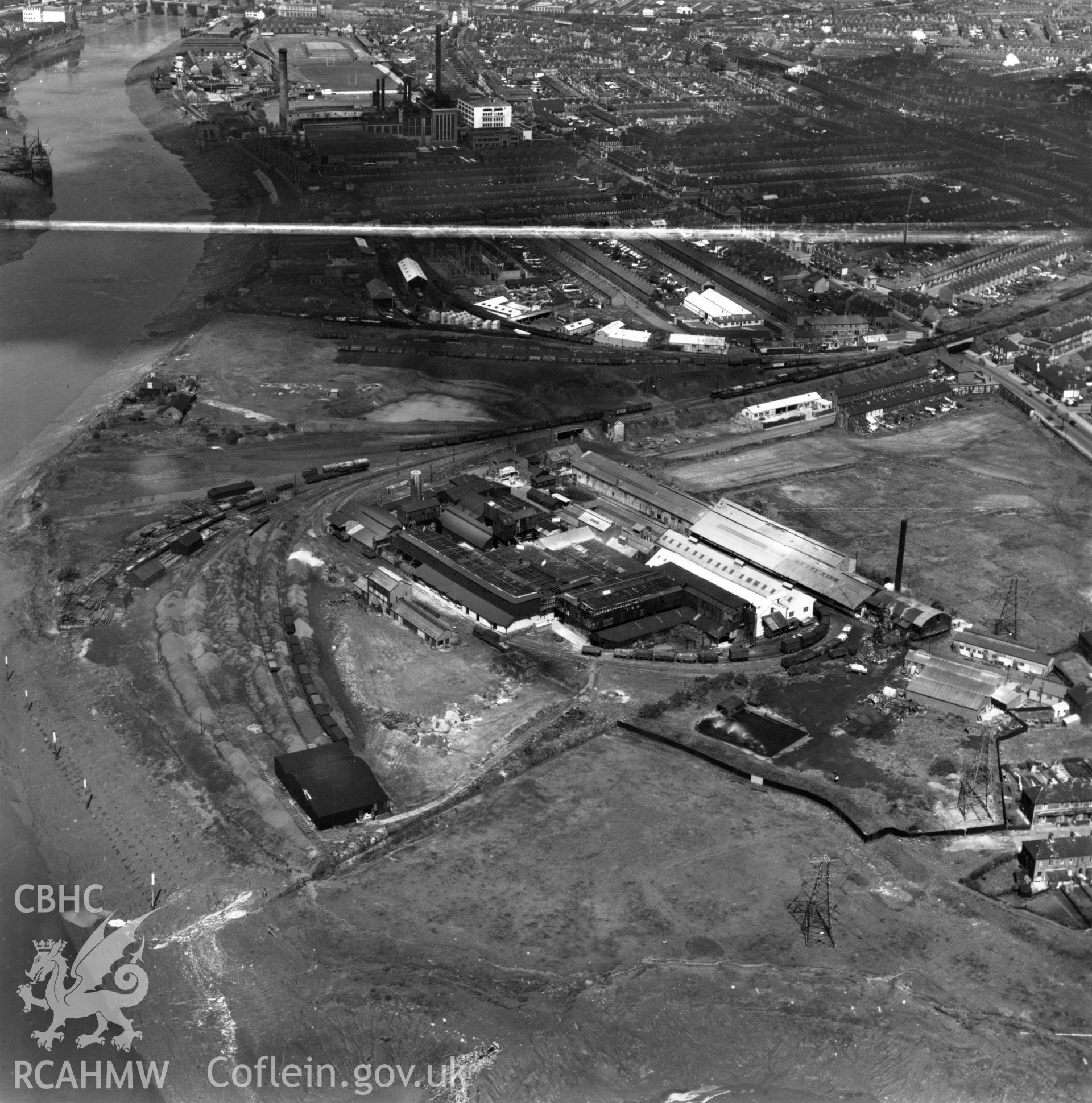 View of the British Glues and Chemicals works, Newport. Oblique aerial photograph, 5?" cut roll film.