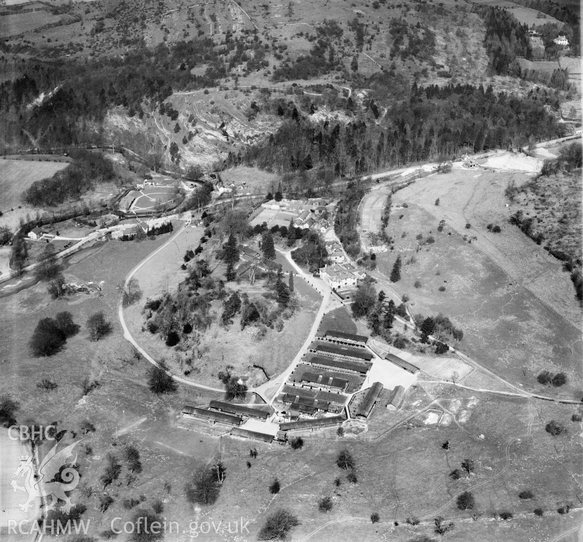 View of Colomendy Camp commissioned by J. Gerrard & Sons Ltd. Swinton, titled: 'Manchester Holiday Camp'. Oblique aerial photograph, 5?" cut roll film.