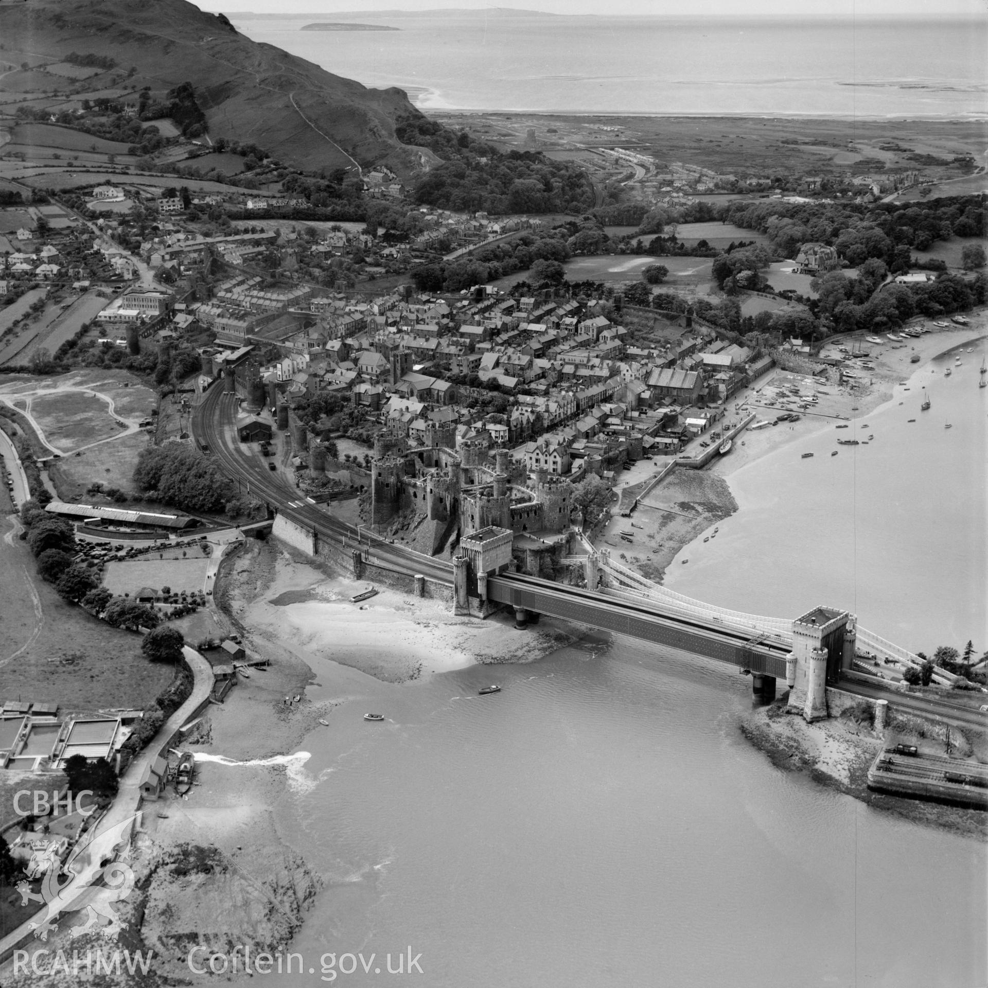 View of Conwy showing castle, bridges and mussel purification station