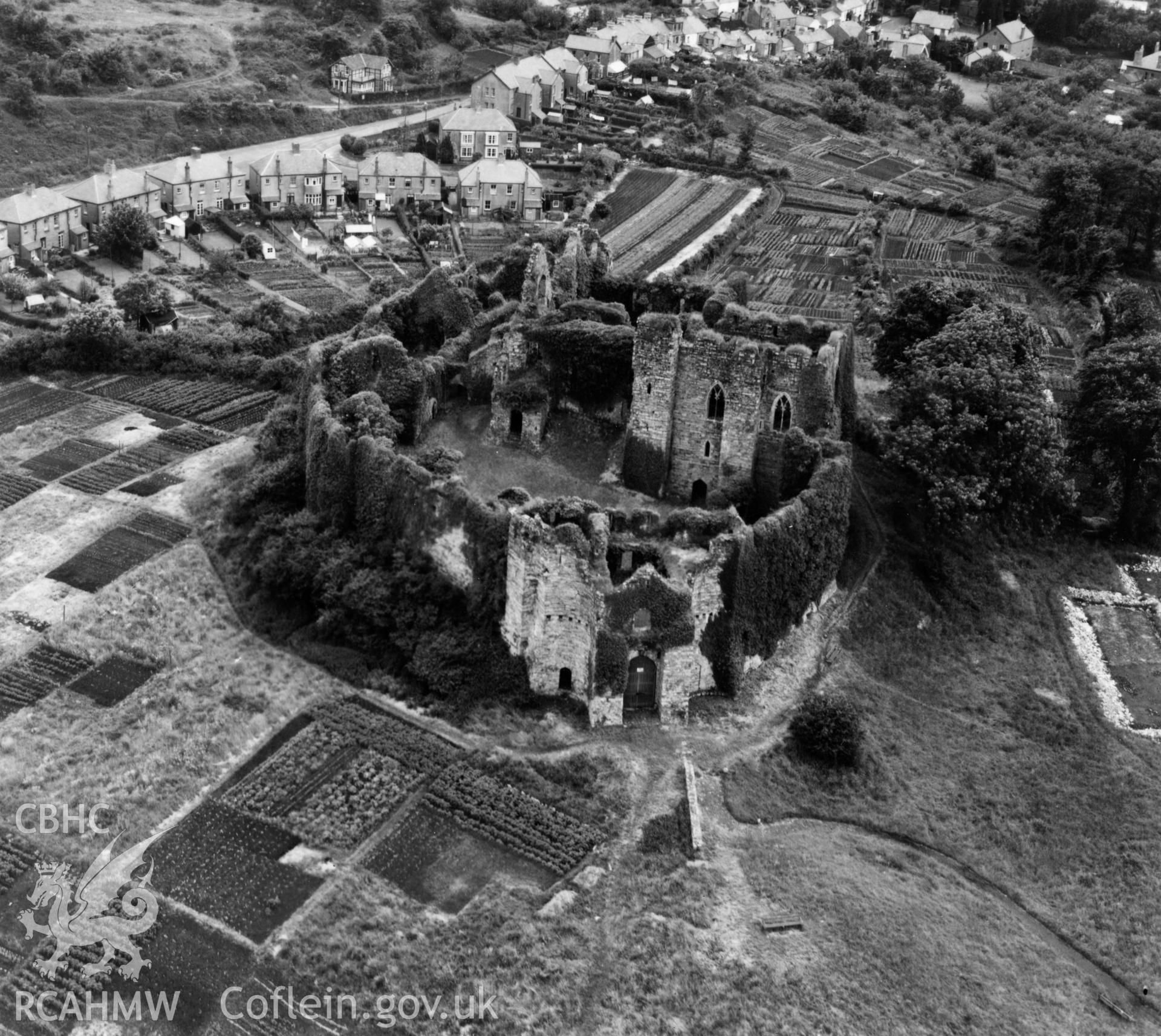 View of Oystermouth Castle showing allotments. Oblique aerial photograph, 5?" cut roll film.