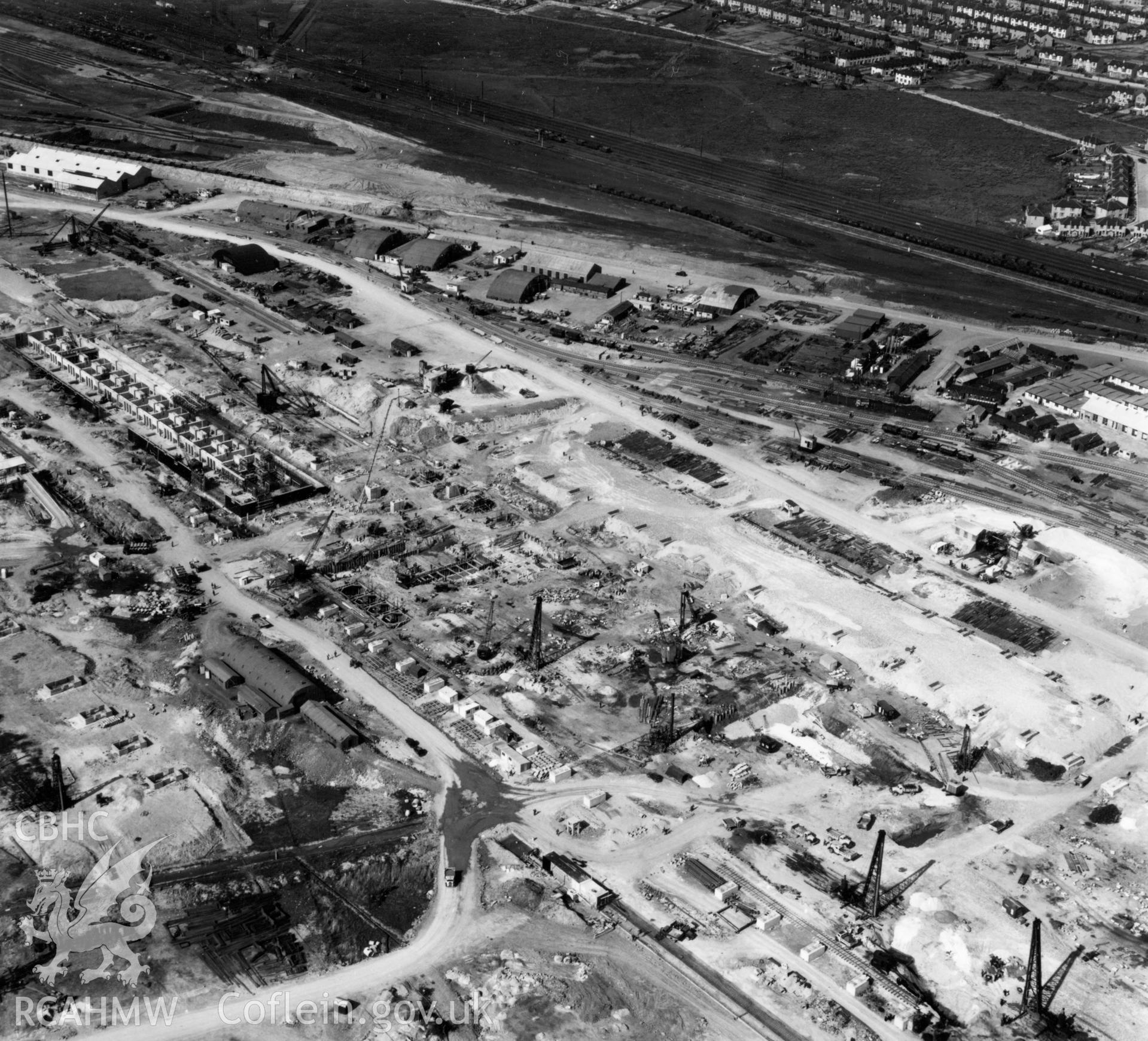 General view of Abbey Steelworks, Port Talbot, under construction. Oblique aerial photograph, 5?" cut roll film.