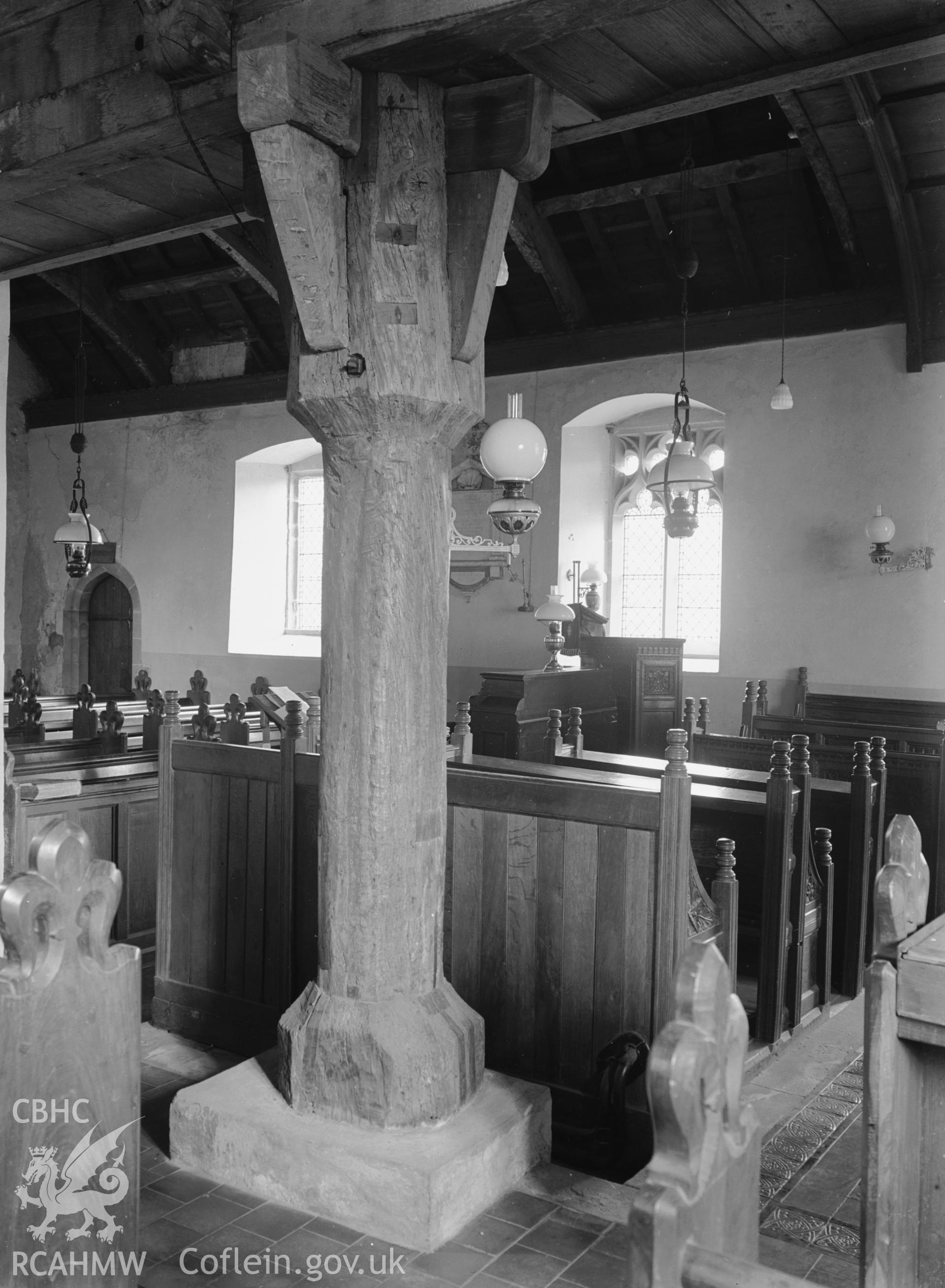 Interior: wooden column from S transept