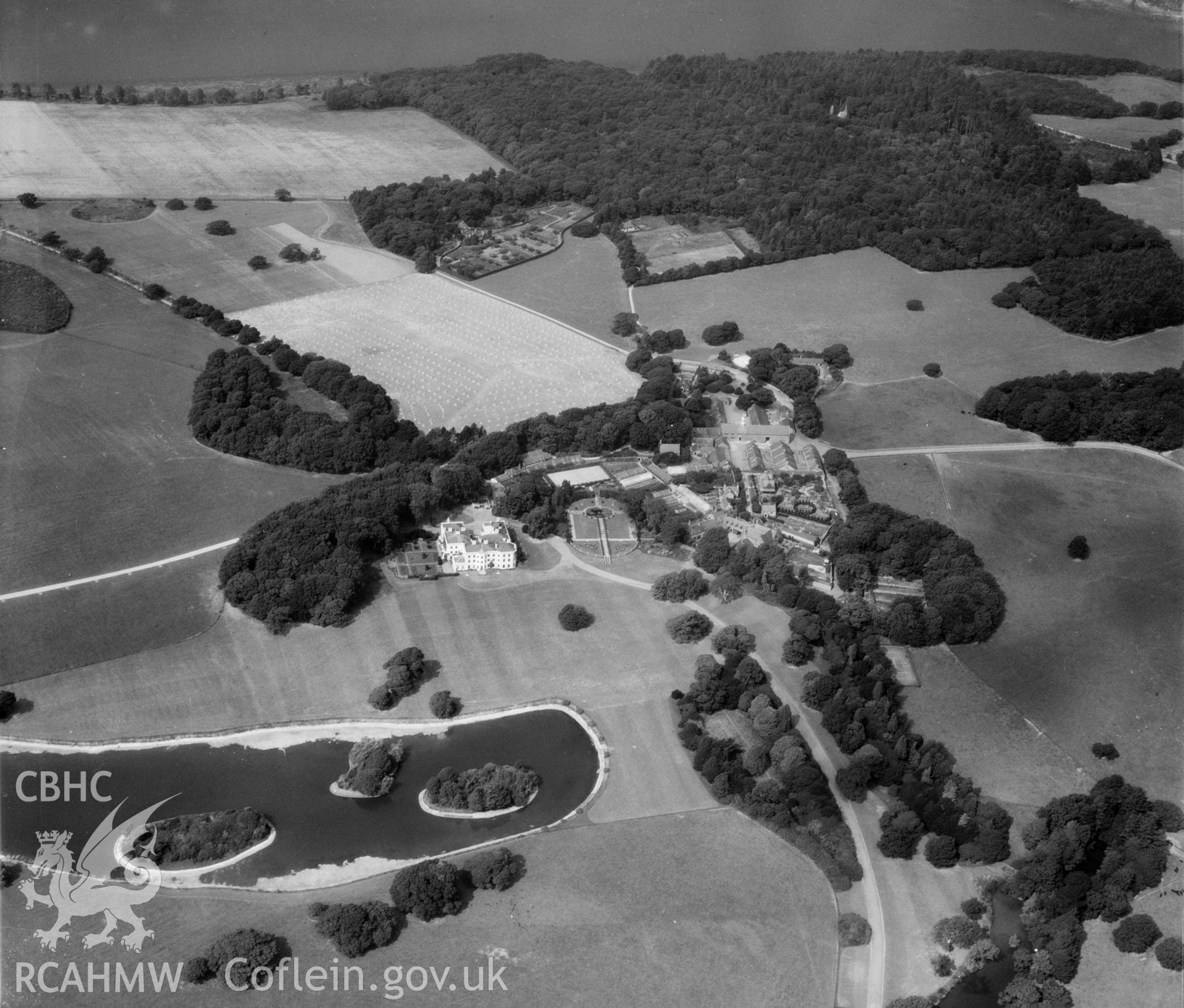 View of Vaynol Hall, estate buildings and parkland