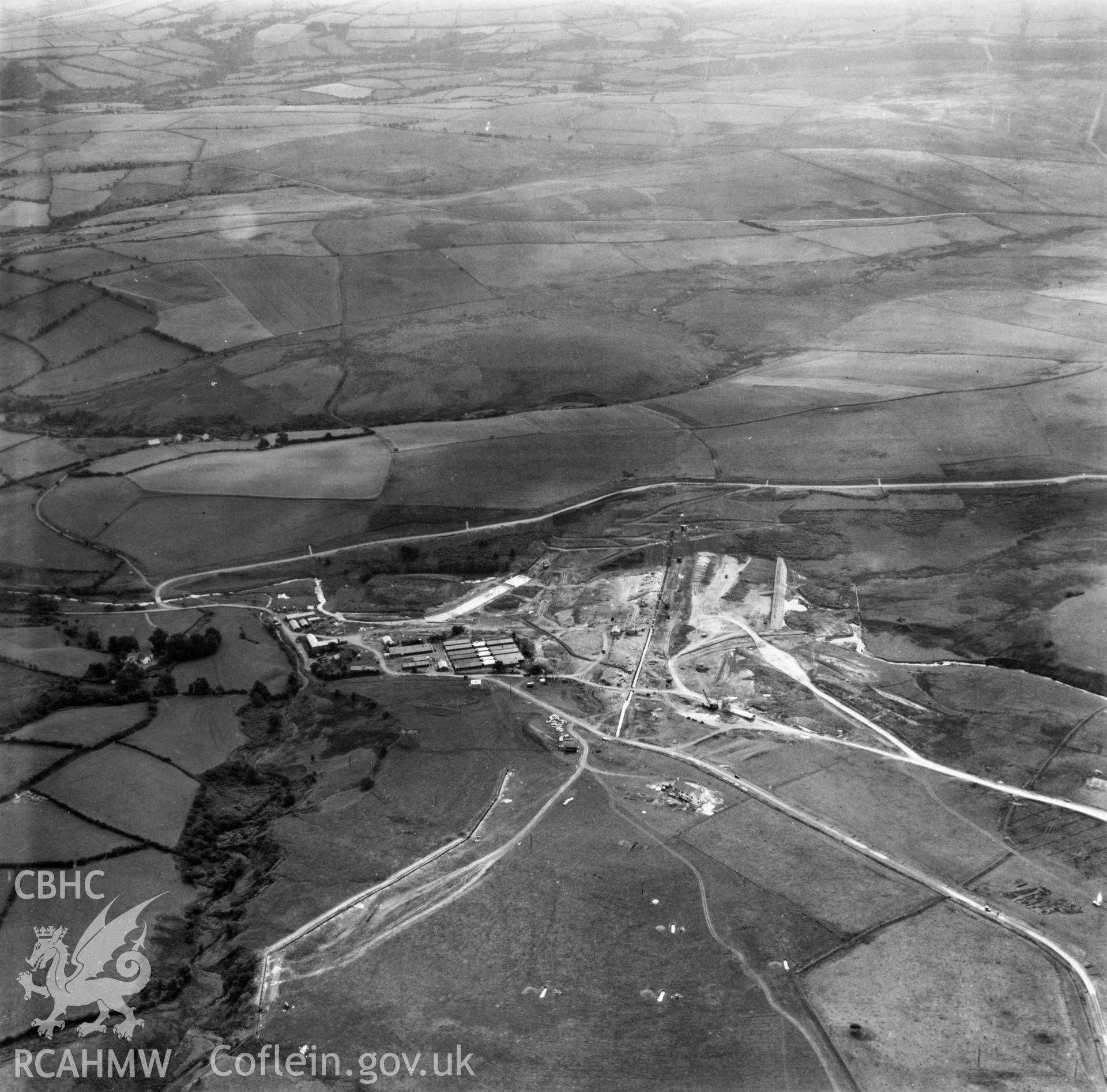 View of site during the construction of Usk Reservoir. Oblique aerial photograph, 5?" cut roll film.