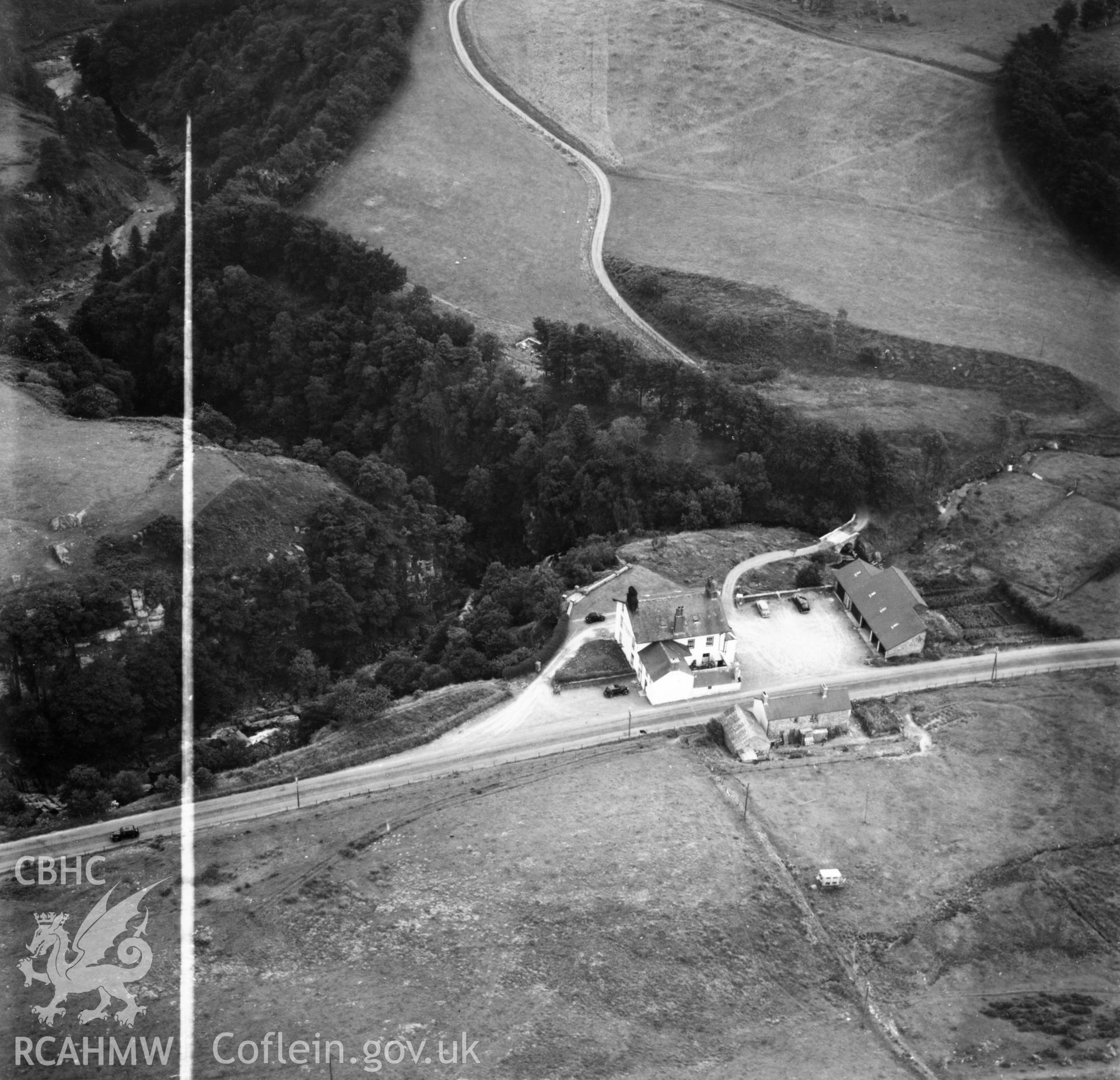 View of the George Borrow Hotel, Ponterwyd. Oblique aerial photograph, 5?" cut roll film.