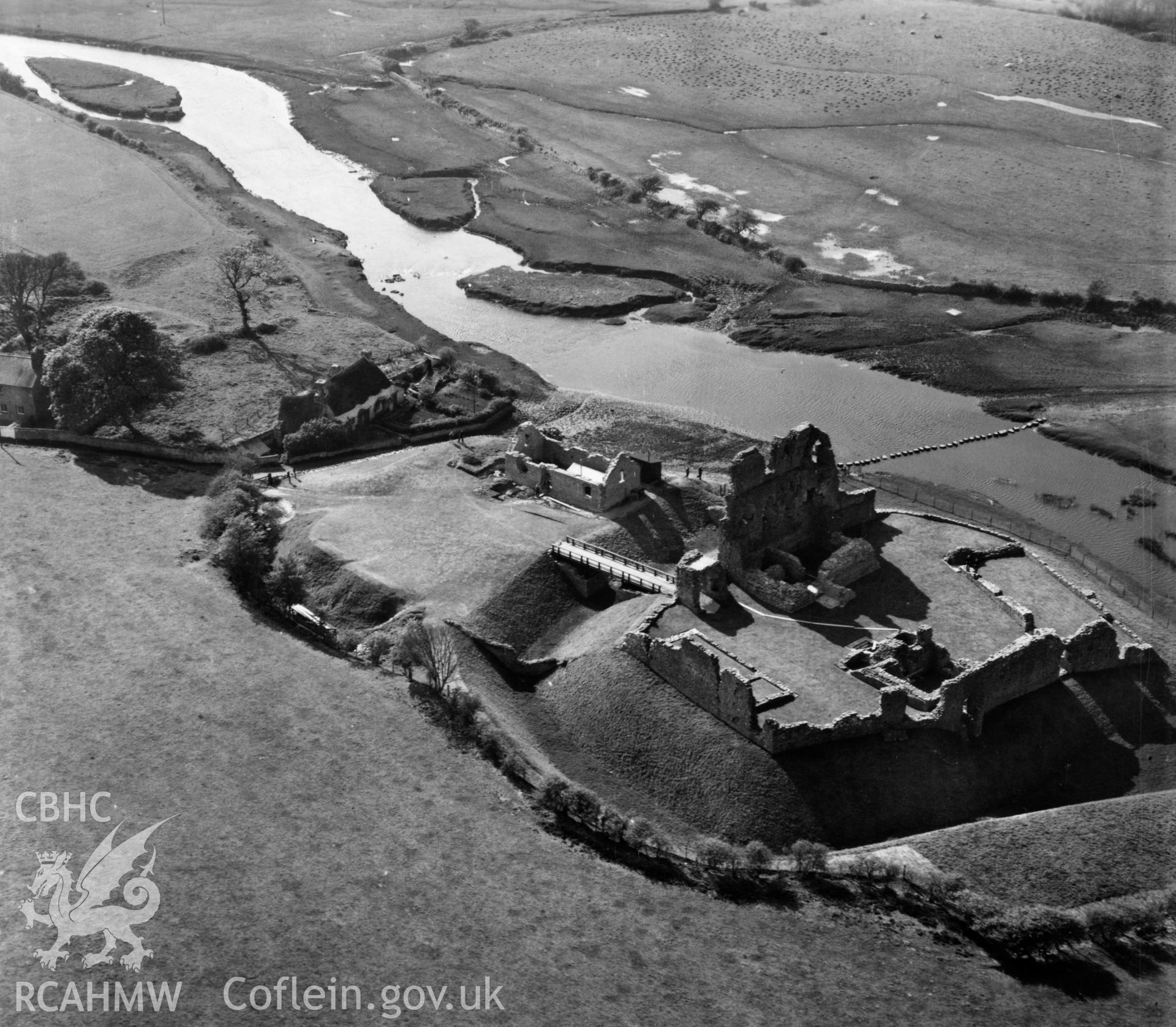 View of Ogmore Castle. Oblique aerial photograph, 5?" cut roll film.