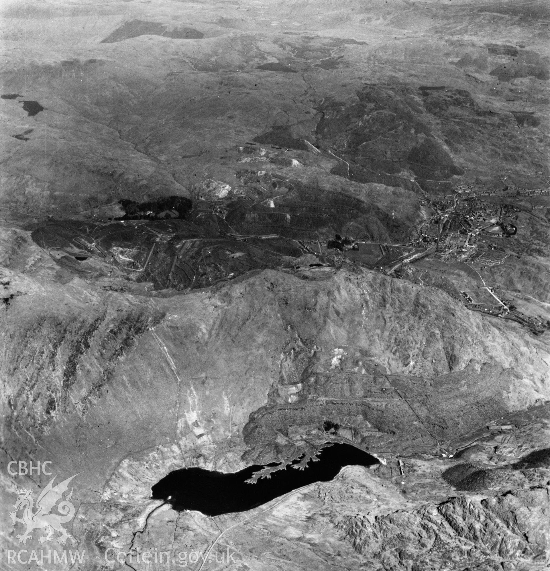 View of Oakley Slate quarries Co. Ltd., with distant view of Blaenau Ffestiniog. Oblique aerial photograph, 5?" cut roll film.