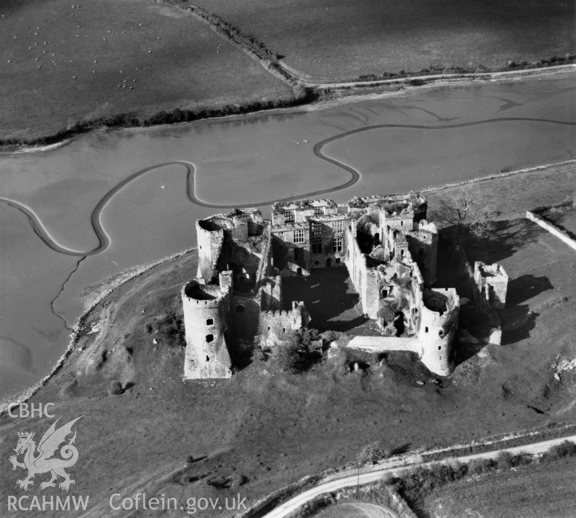 View of Carew castle. Oblique aerial photograph, 5?" cut roll film.