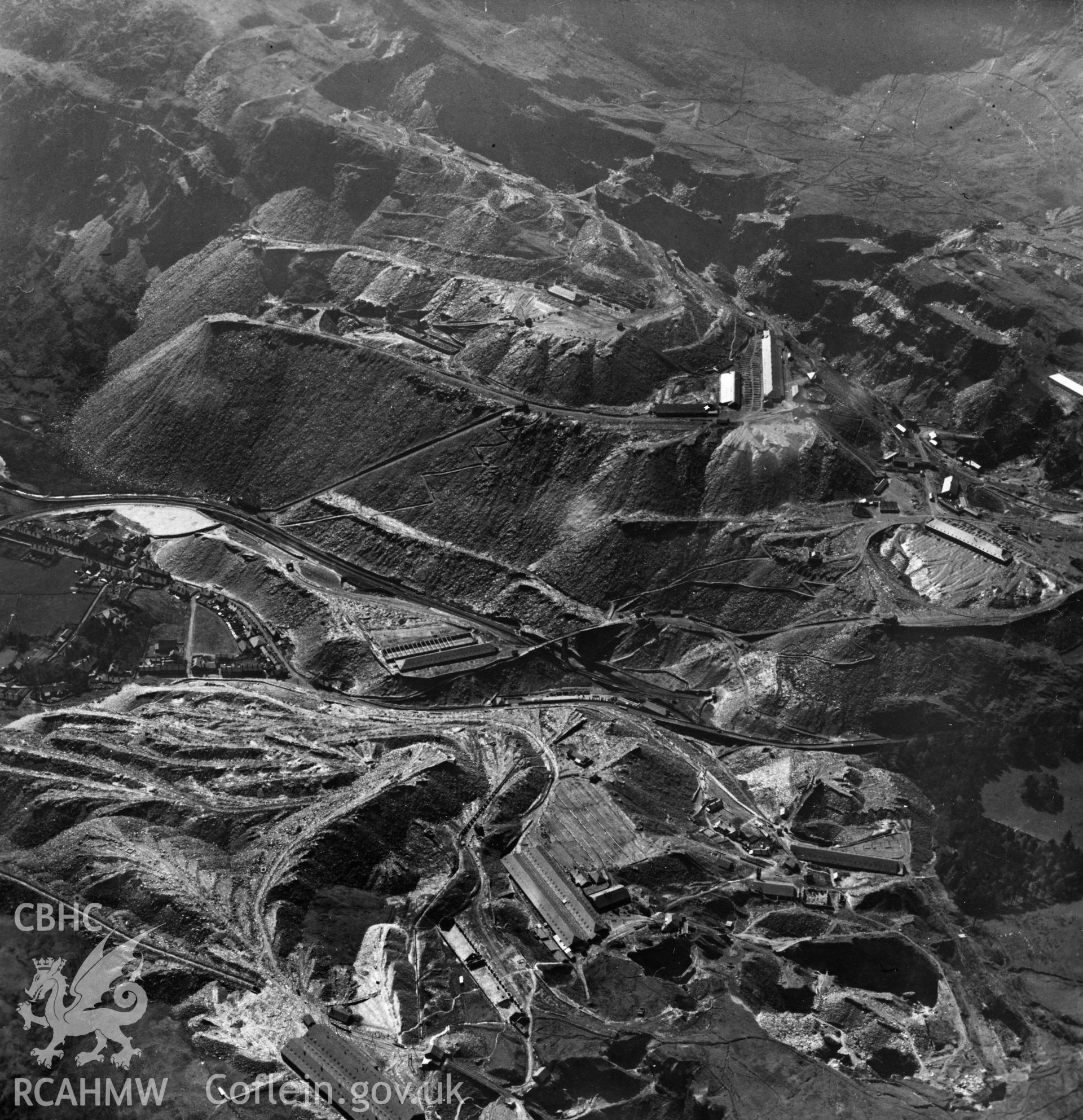 View of Oakley Slate quarries Co. Ltd.. Oblique aerial photograph, 5?" cut roll film.