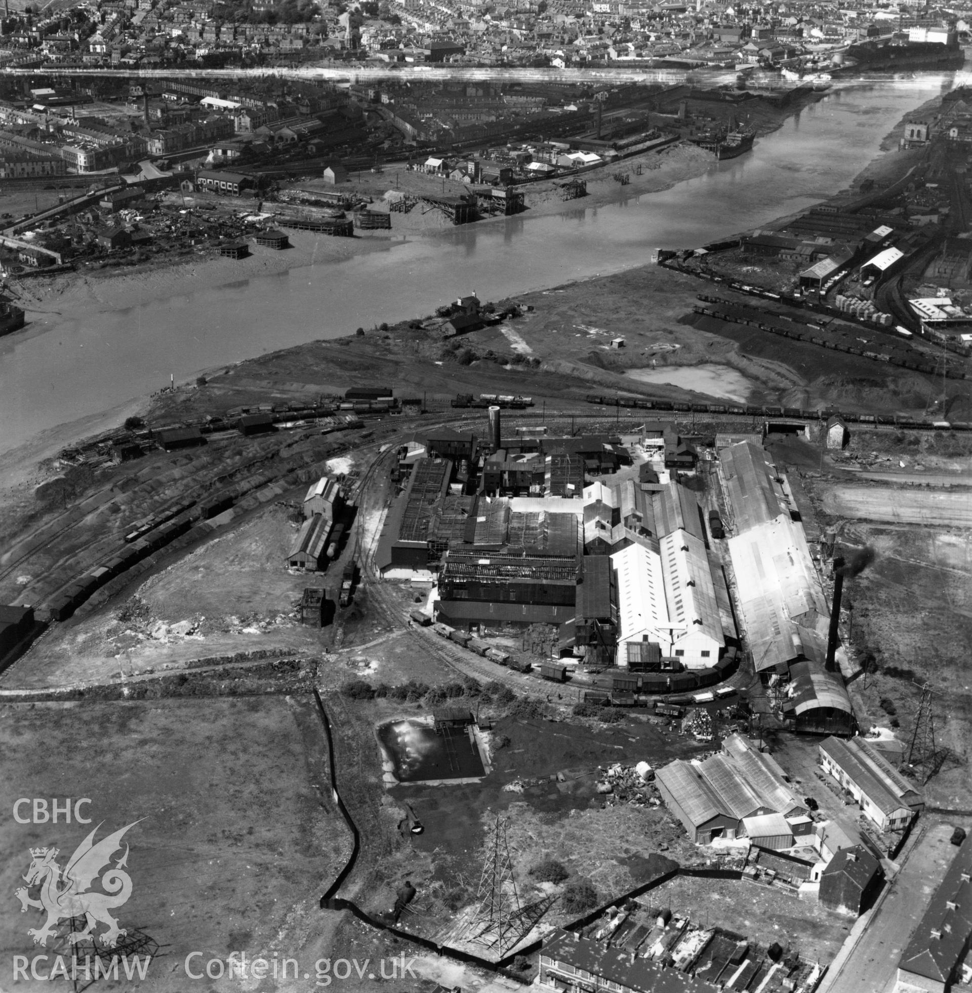 View of the British Glues and Chemicals works, Newport. Oblique aerial photograph, 5?" cut roll film.