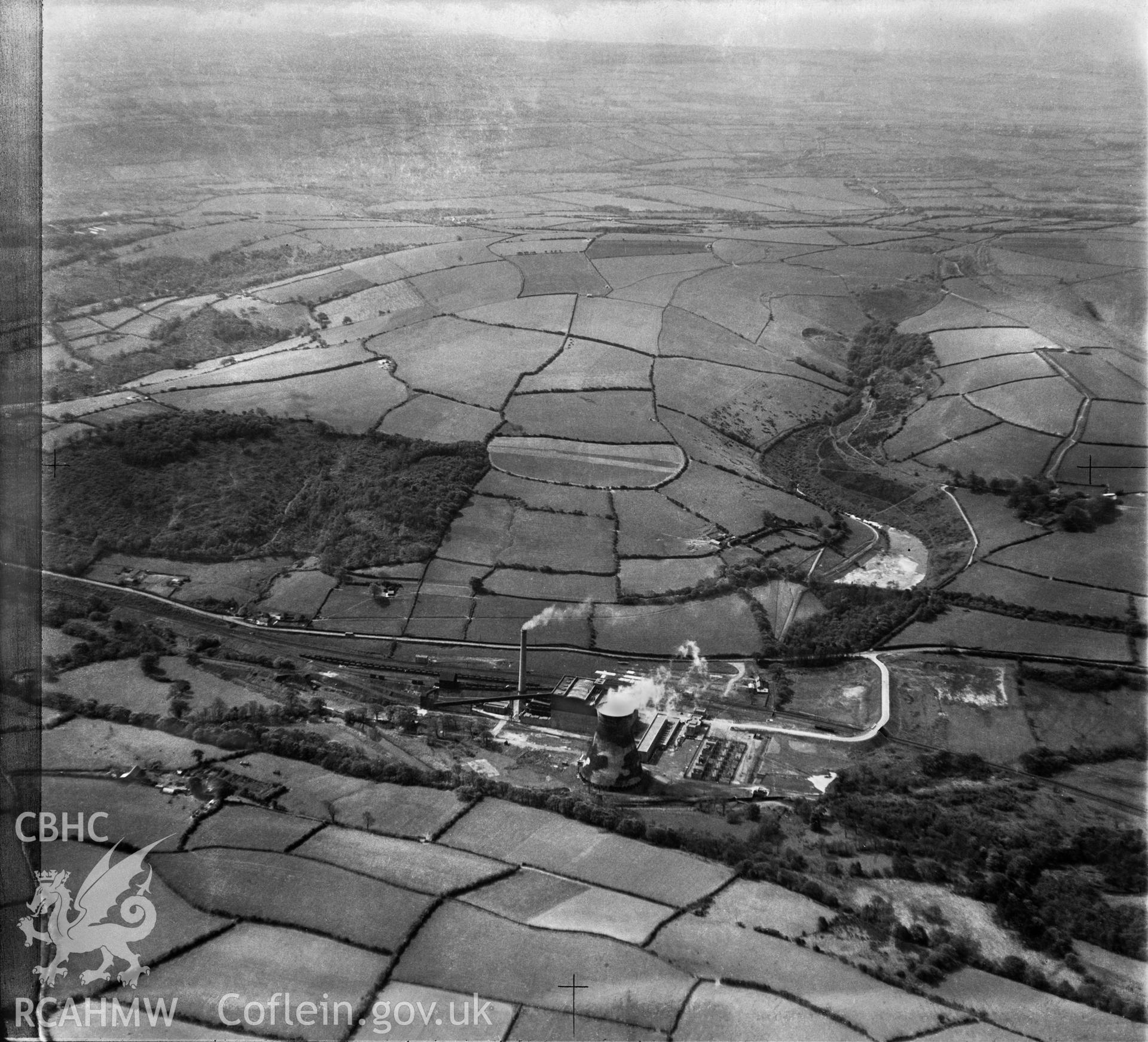 View labelled "South Wales Electric Power Co Bridgend Site", showing Llynfi Valley Power station with camoflaged cooling tower.