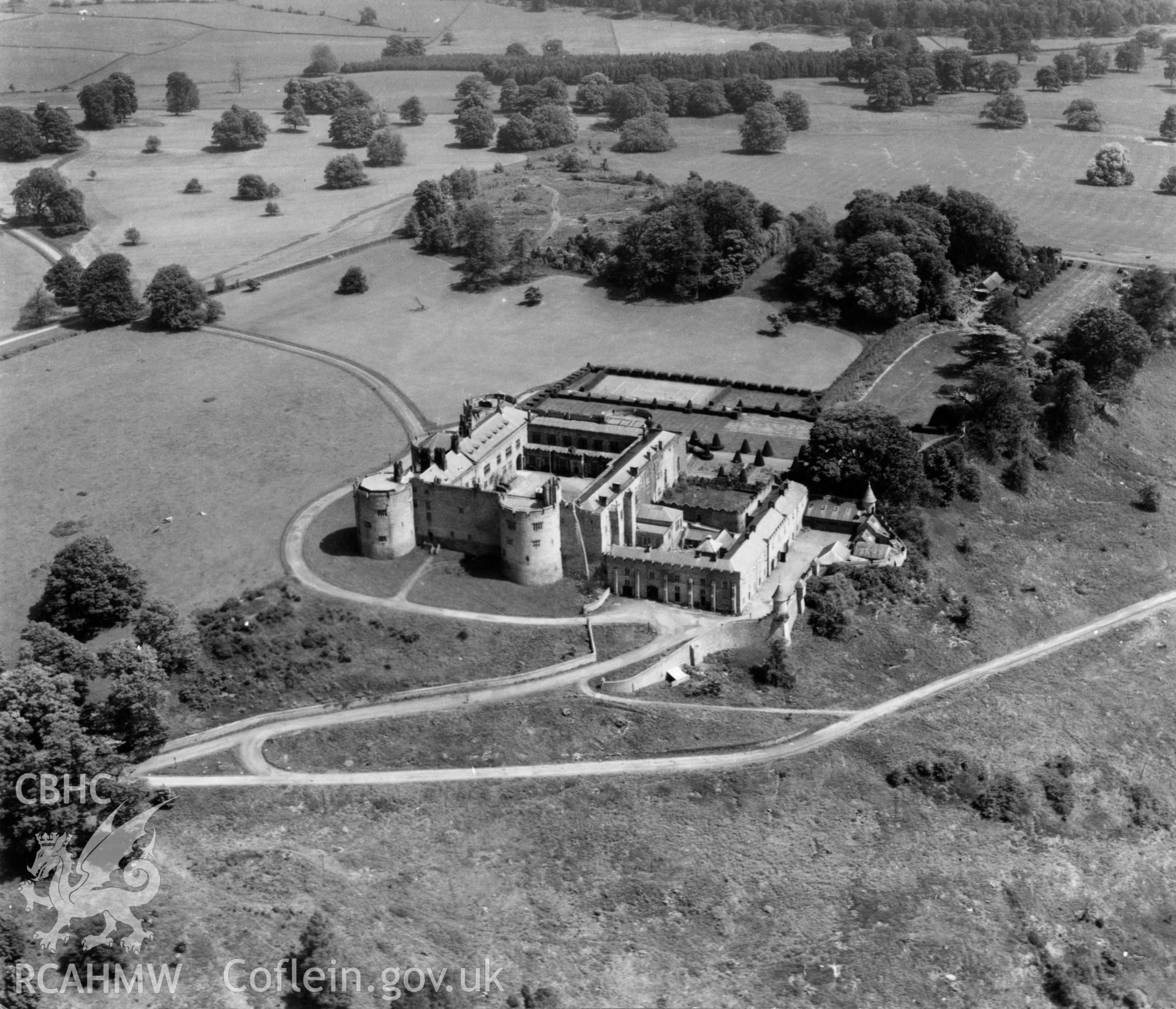 View of Chirk castle. Oblique aerial photograph, 5?" cut roll film.