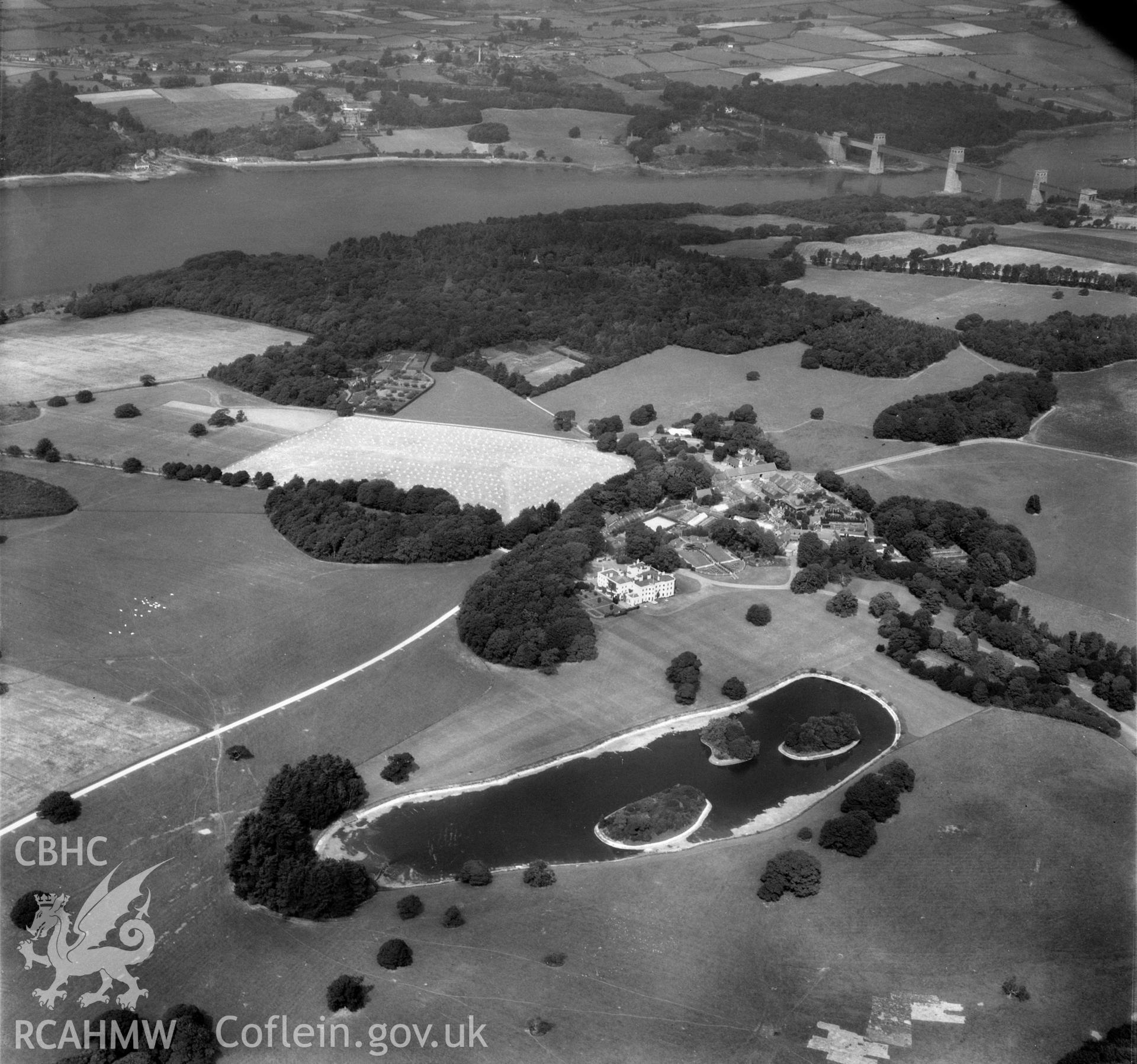 View of Vaynol Hall, estate buildings and parkland