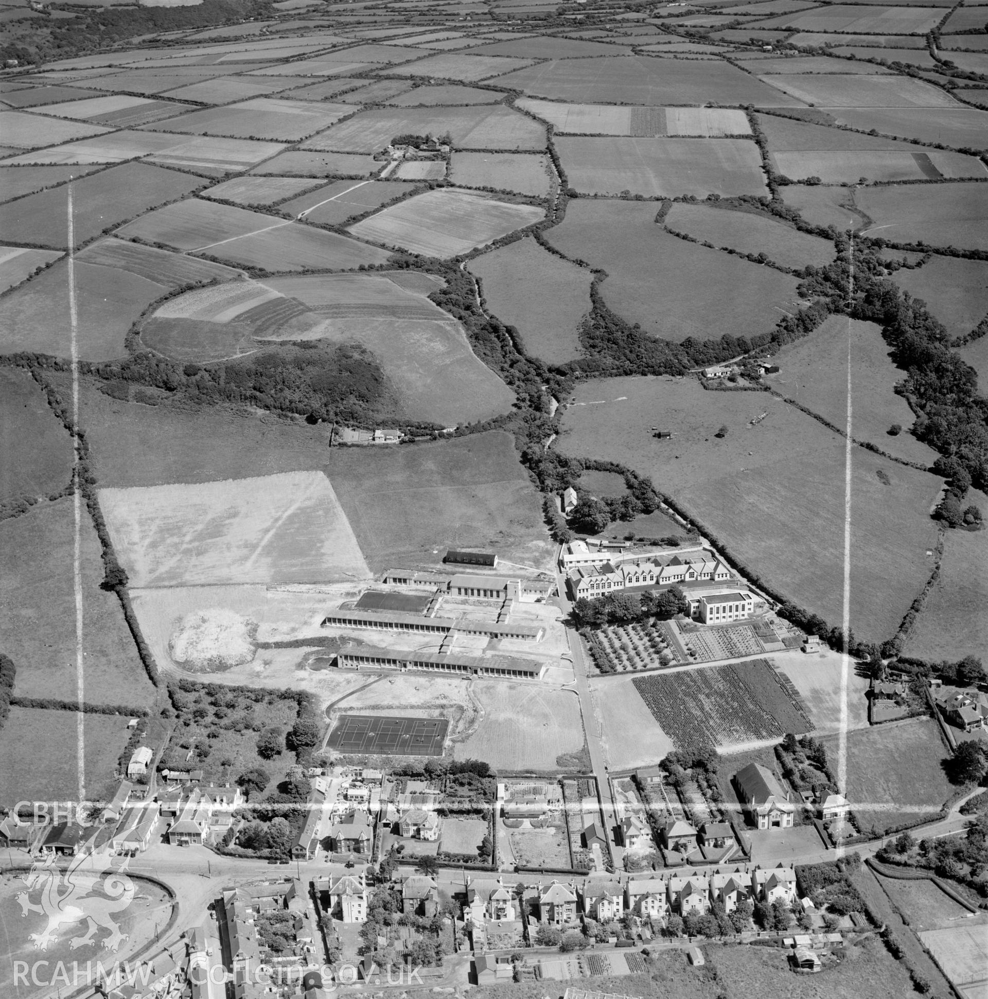 View of Aberaeron showing the newly built Ysgol Gyfun Aberaeron, commissioned by the headmaster