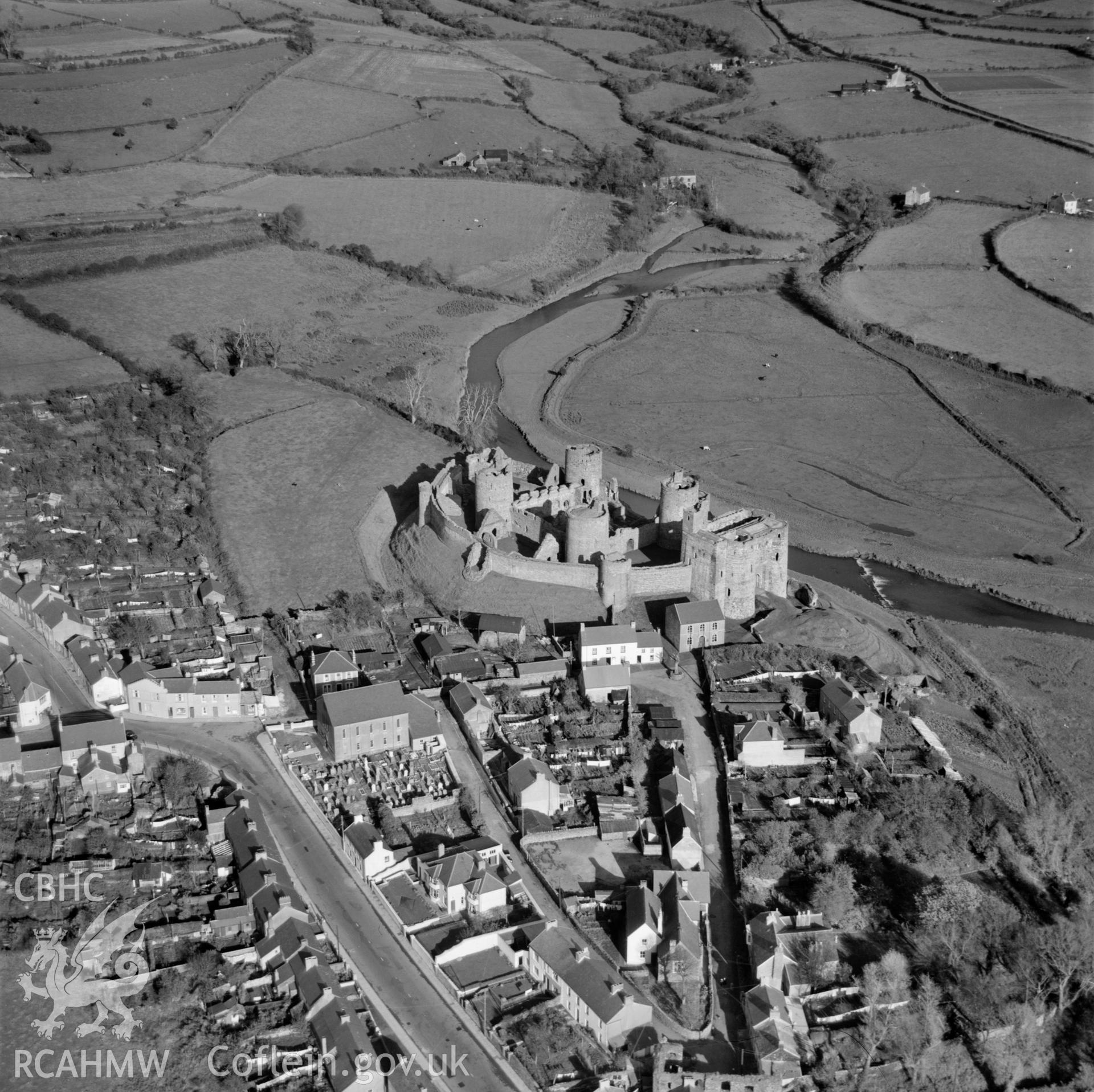 View of Kidwelly showing castle walled borough