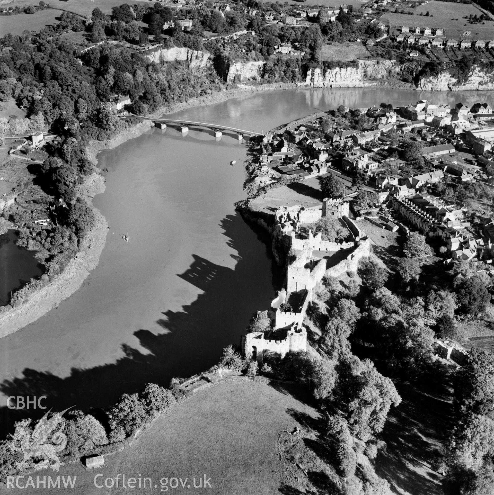 View of Chepstow showing castle. Oblique aerial photograph, 5?" cut roll film.