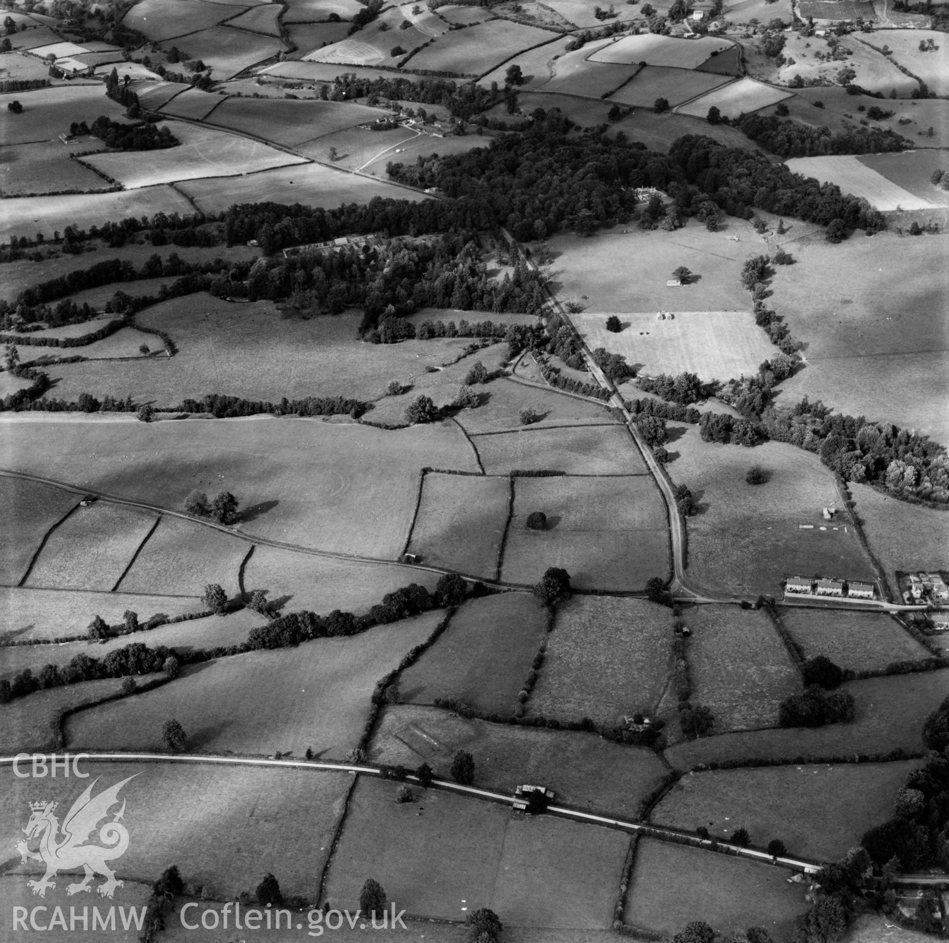 View of Rodd, Lugg Valley, looking west, commissioned by Lord Renner. Oblique aerial photograph, 5?" cut roll film.