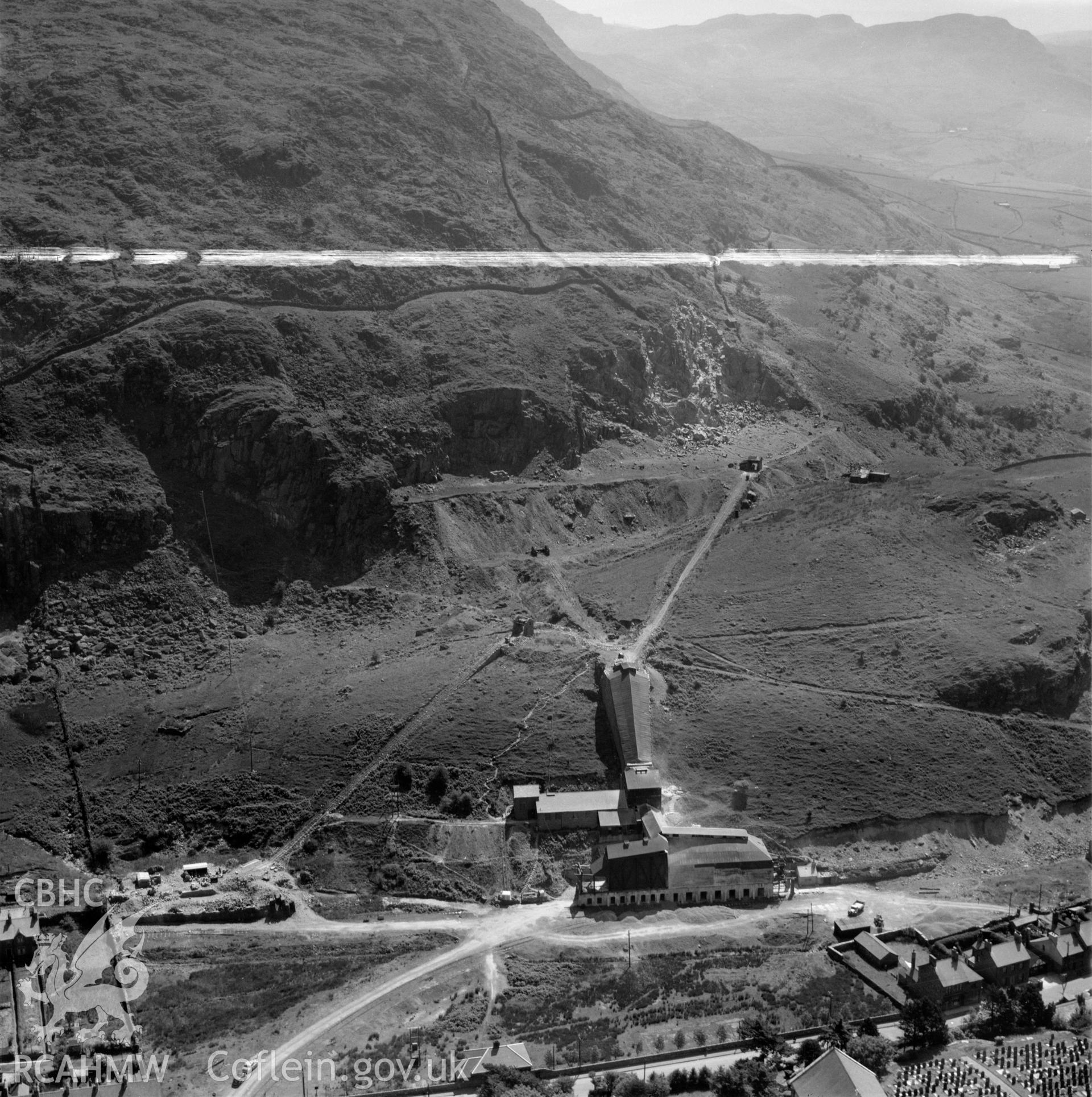 View of Madoc quarry, Blaenau Ffestiniog, commissioned by Cawood Wharton & Co. Ltd.. Oblique aerial photograph, 5?" cut roll film.