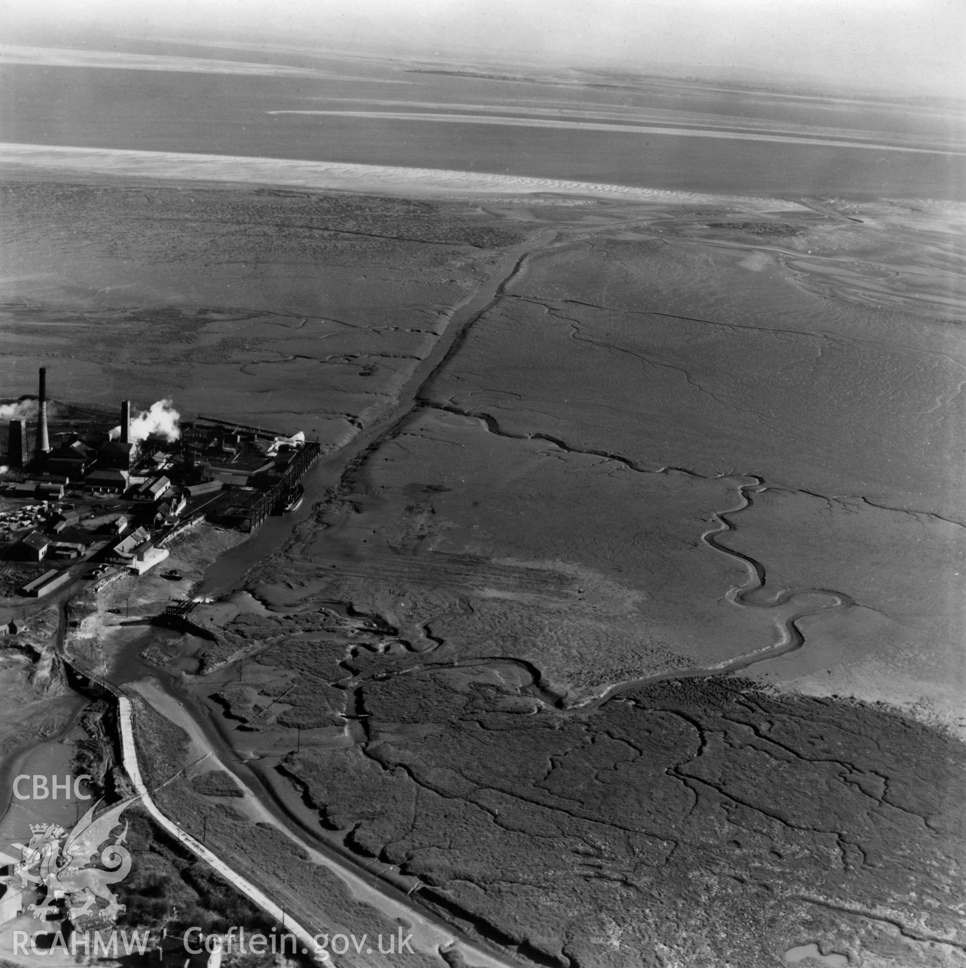 View of mudflats at Point of Ayr, showing colliery. Oblique aerial photograph, 5?" cut roll film.