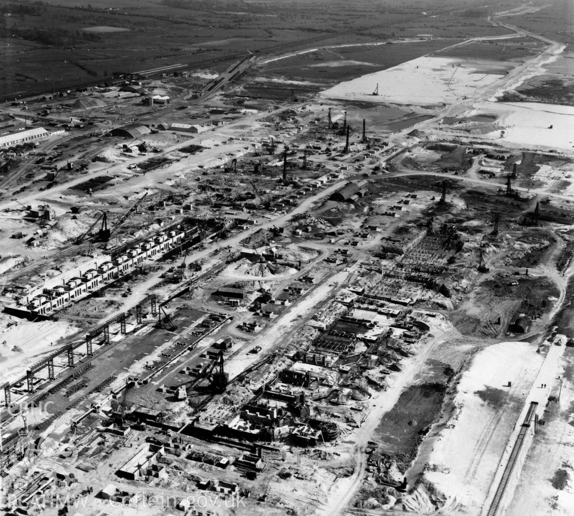 General view of Abbey Steelworks, Port Talbot, under construction. Oblique aerial photograph, 5?" cut roll film.