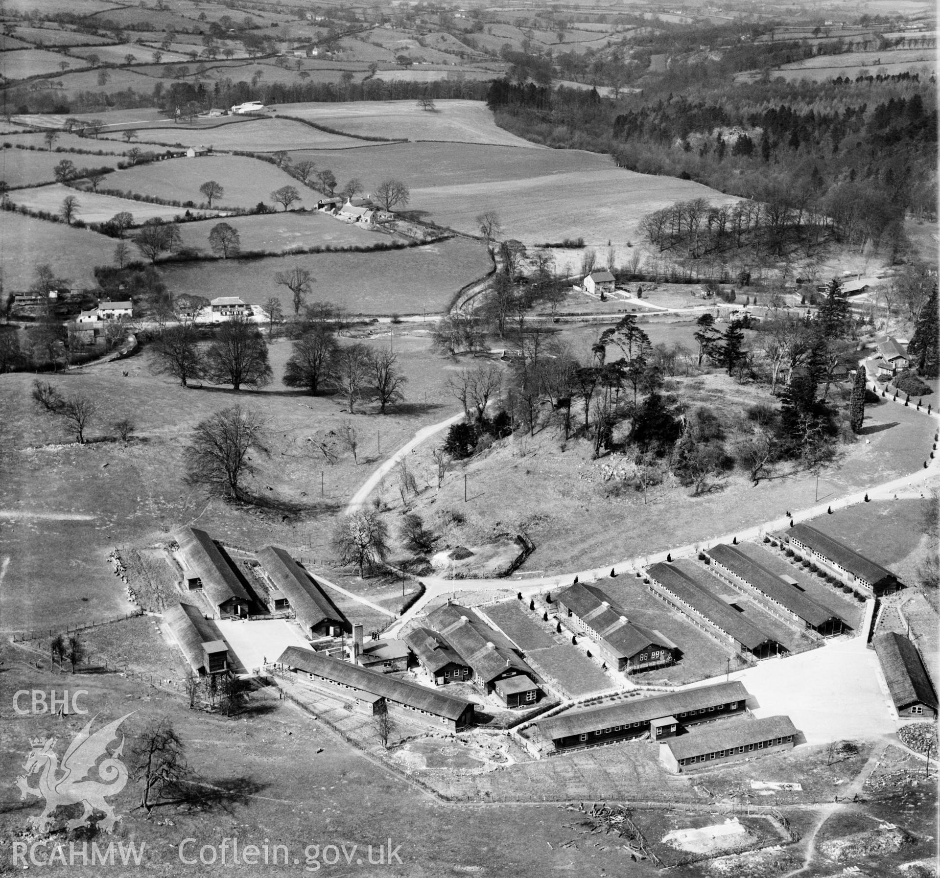 View of Colomendy Camp commissioned by J. Gerrard & Sons Ltd. Swinton, titled: 'Manchester Holiday Camp'. Oblique aerial photograph, 5?" cut roll film.