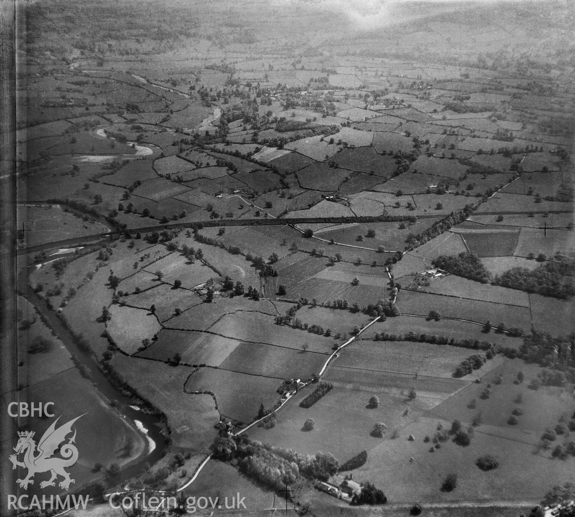 View of landscape south of Abergavenny showing the railway and river Usk
