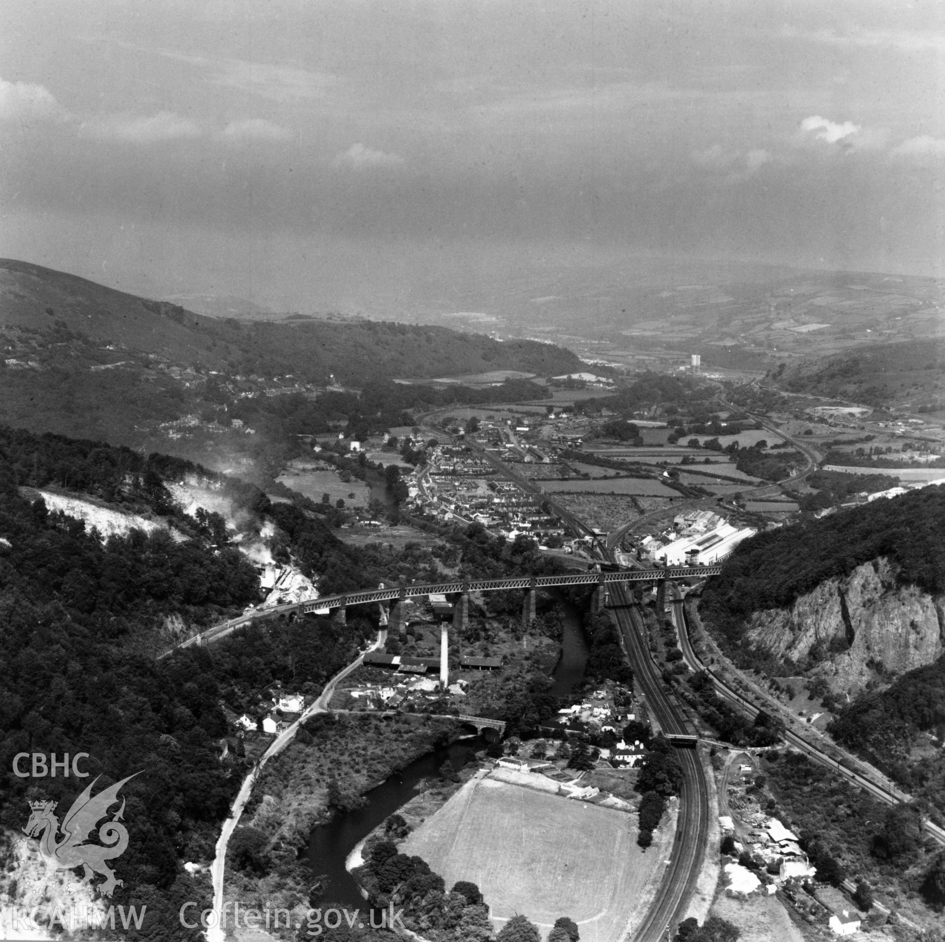 General view of Taffs Well showing Walnut Tree viaduct and Garth Ironworks. Oblique aerial photograph, 5?" cut roll film.