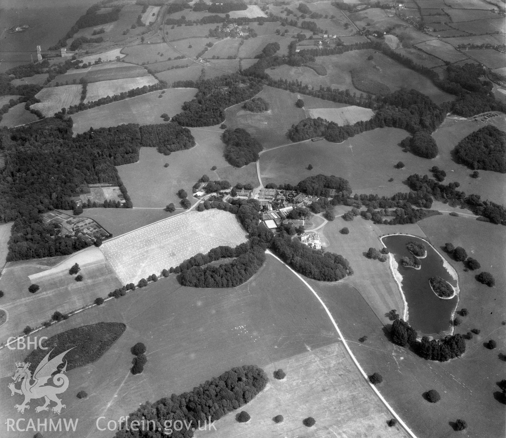 View of Vaynol Hall, estate buildings and parkland