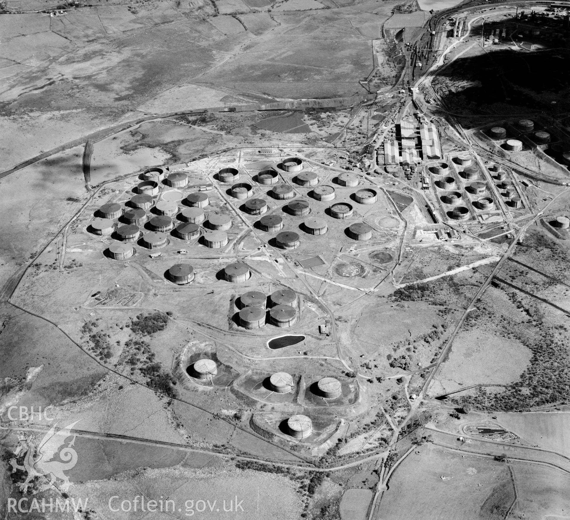 View of Llandarcy Anglo Iranian oil refinery. A target for enemy bombers during World War 2, note the buildings still retain their wartime camouflage.