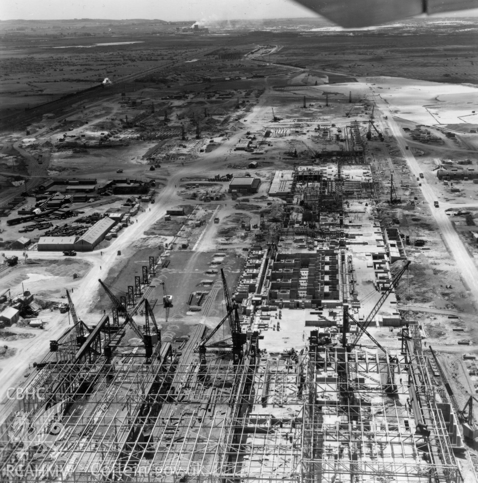 View of Abbey Steelworks, Port Talbot, under construction. Oblique aerial photograph, 5?" cut roll film.