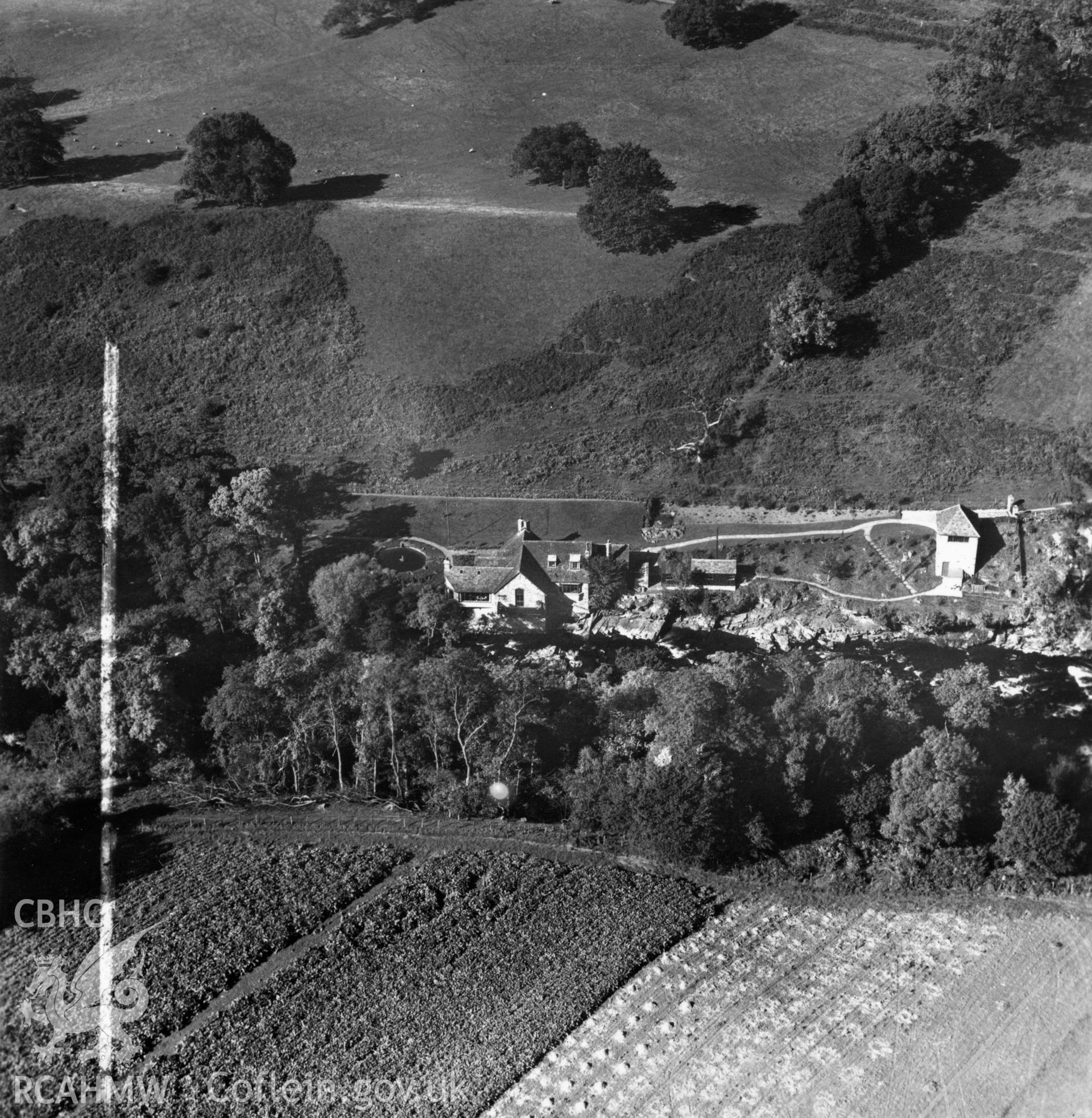 View of Buckland Old Mill, commissioned by Sir Roy Fedden. Oblique aerial photograph, 5?" cut roll film.