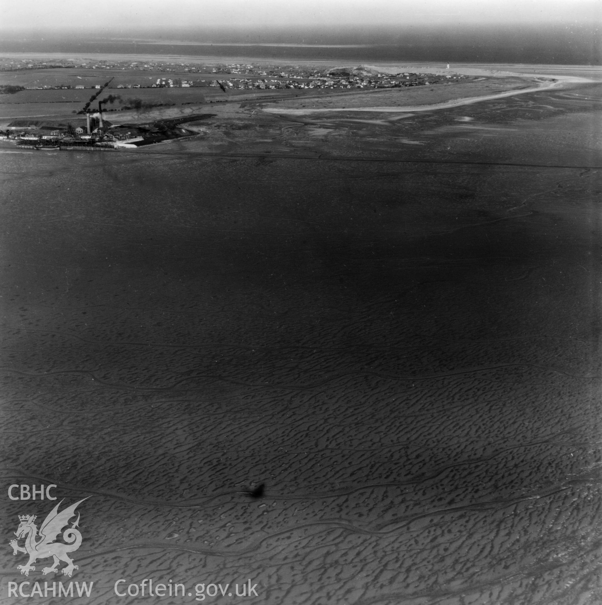 View of mudflats at Point of Ayr showing colliery. Oblique aerial photograph, 5?" cut roll film.