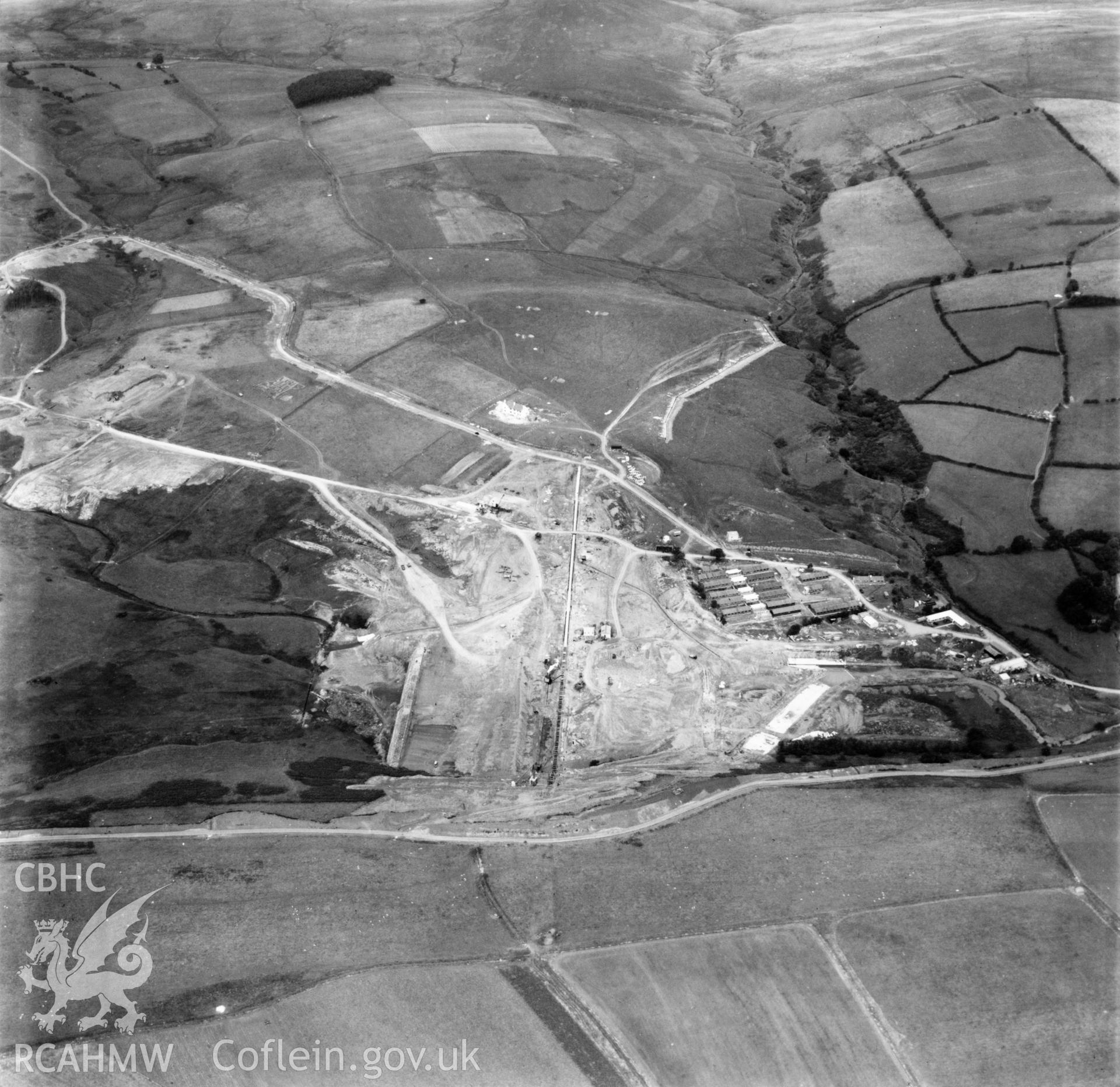 View of site during the construction of Usk Reservoir. Oblique aerial photograph, 5?" cut roll film.