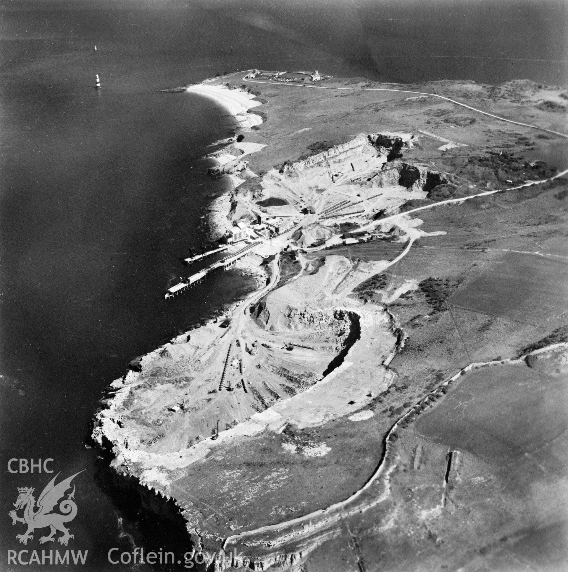 View of Dinmor Park Quarry, Anglesey, commissioned by Cawood Wharton & Co. Ltd.. Oblique aerial photograph, 5?" cut roll film.