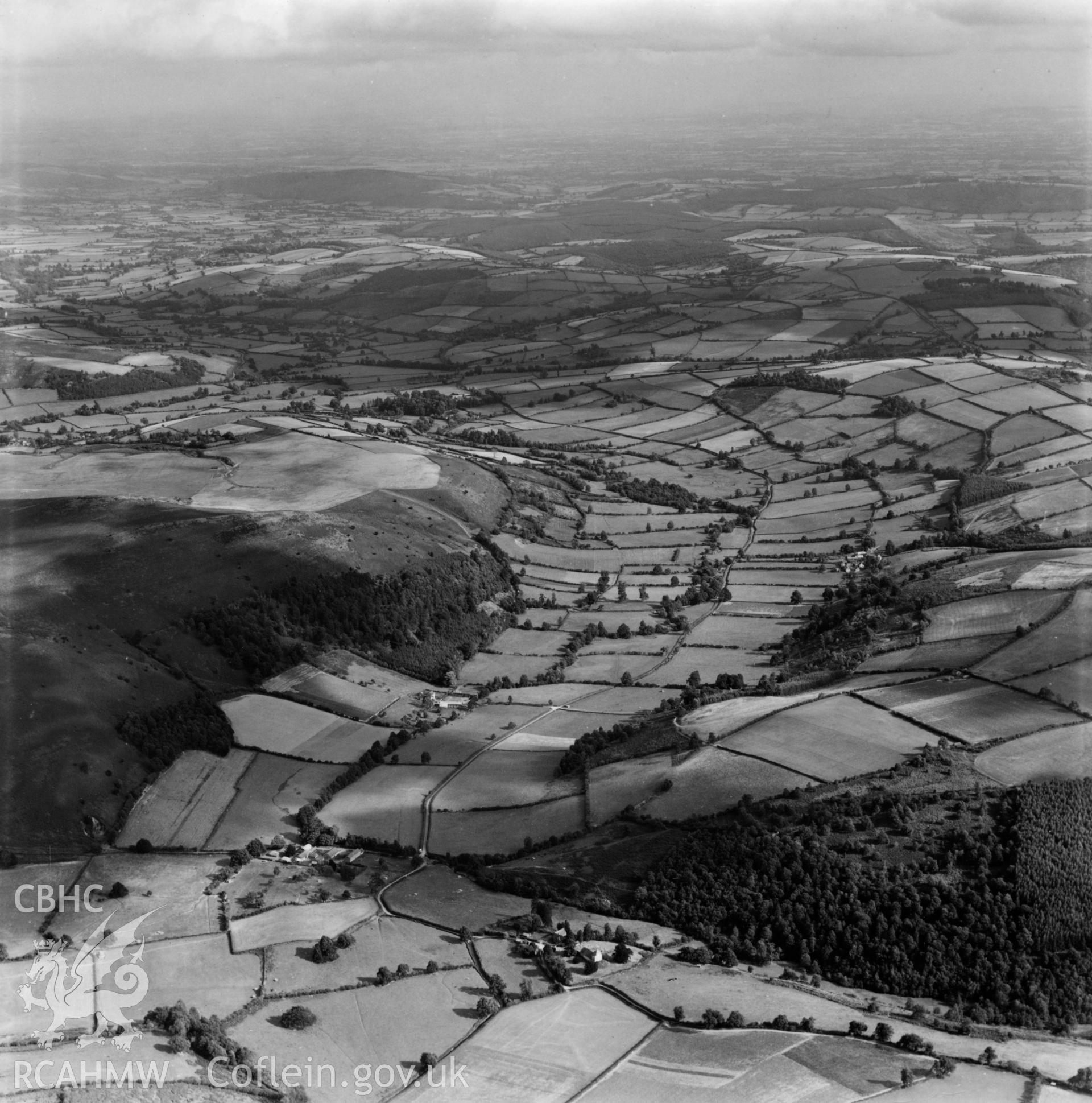 View of Rodd, Lugg Valley, looking east, commissioned by Lord Renner. Oblique aerial photograph, 5?" cut roll film.