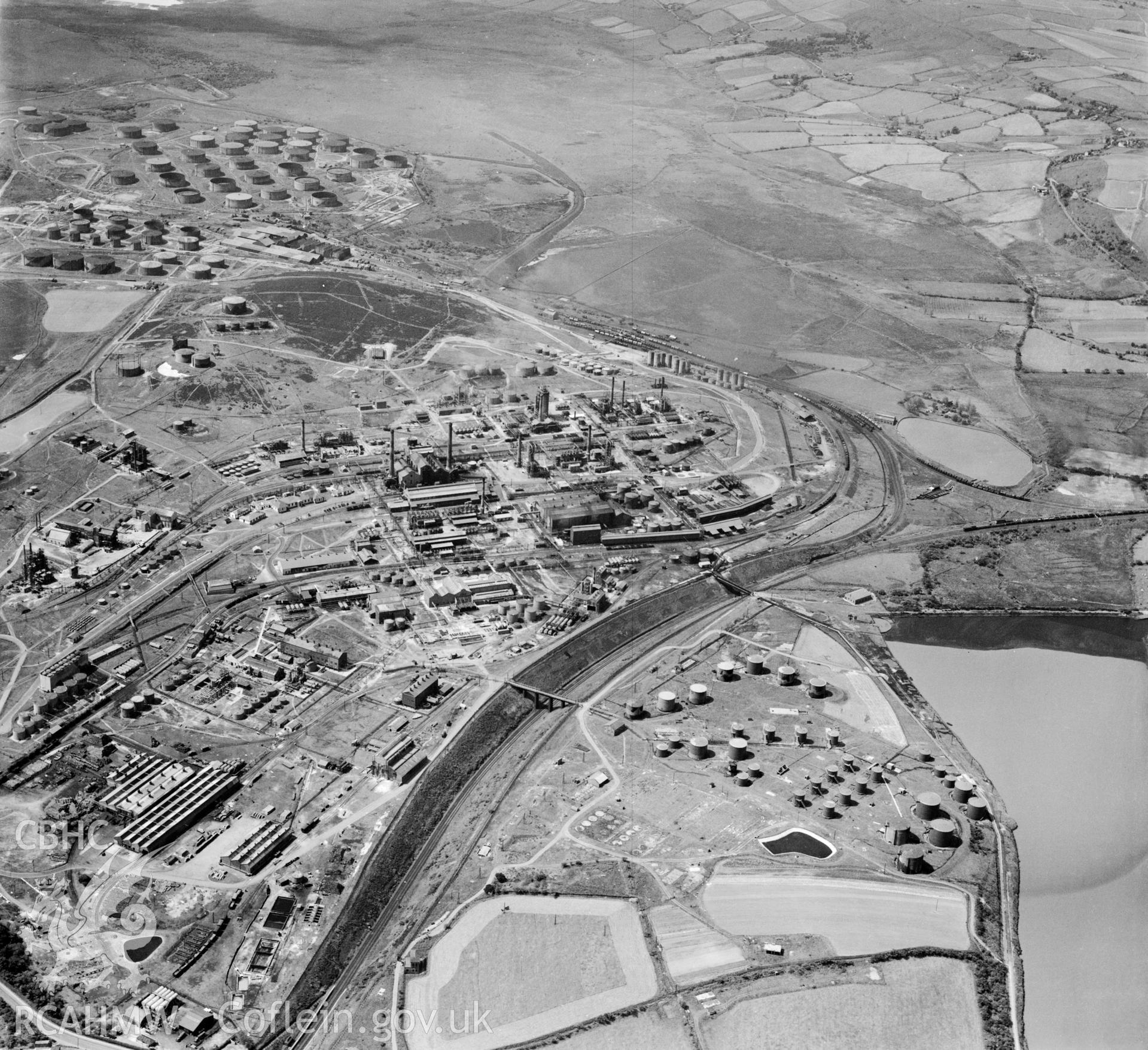 General view of the Anglo Iranian oil refinery, Llandarcy. Oblique aerial photograph, 5?" cut roll film.