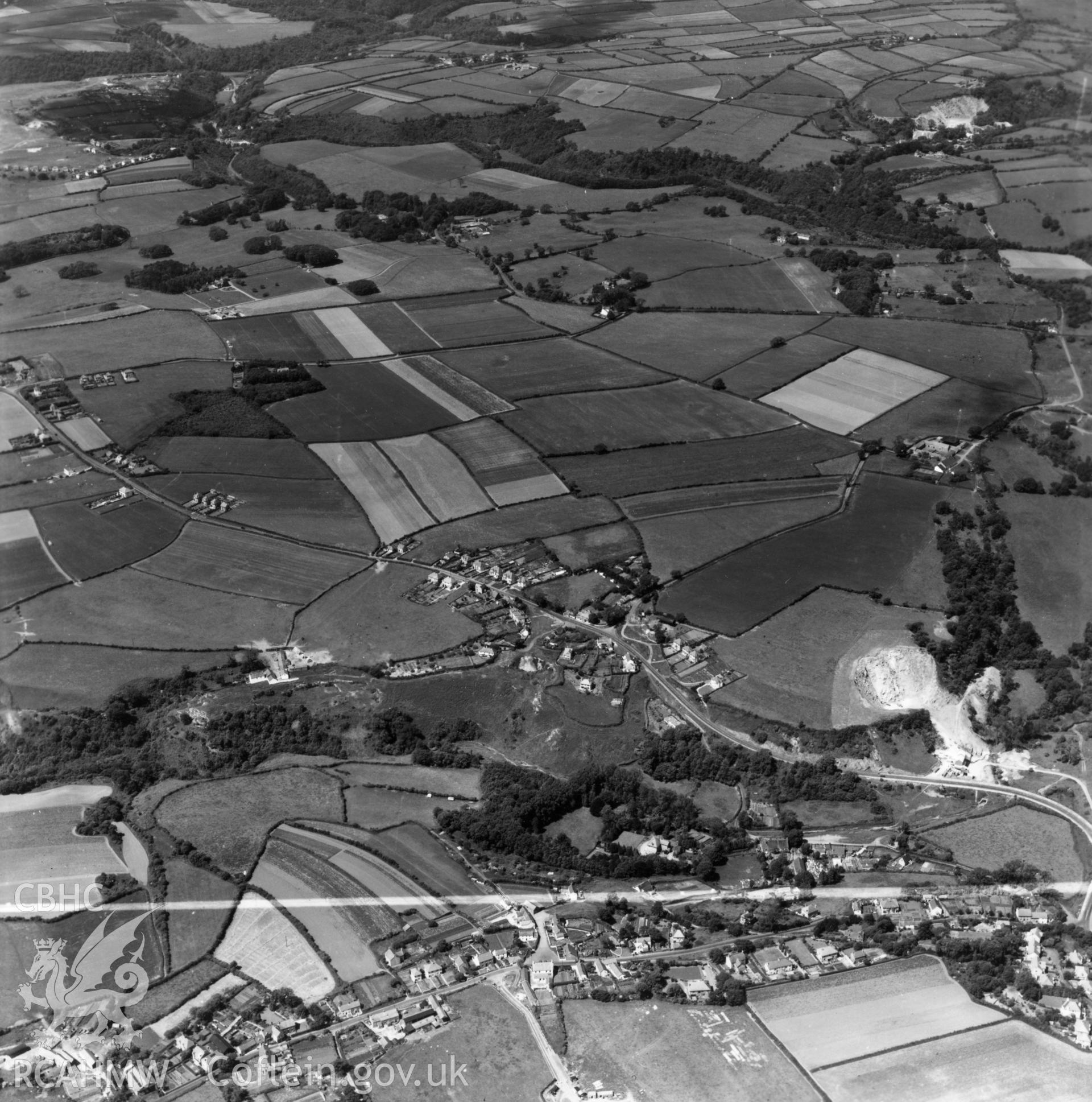 View of Barland Quarry showing Kittle and Bishopston in foreground. Oblique aerial photograph, 5?" cut roll film.