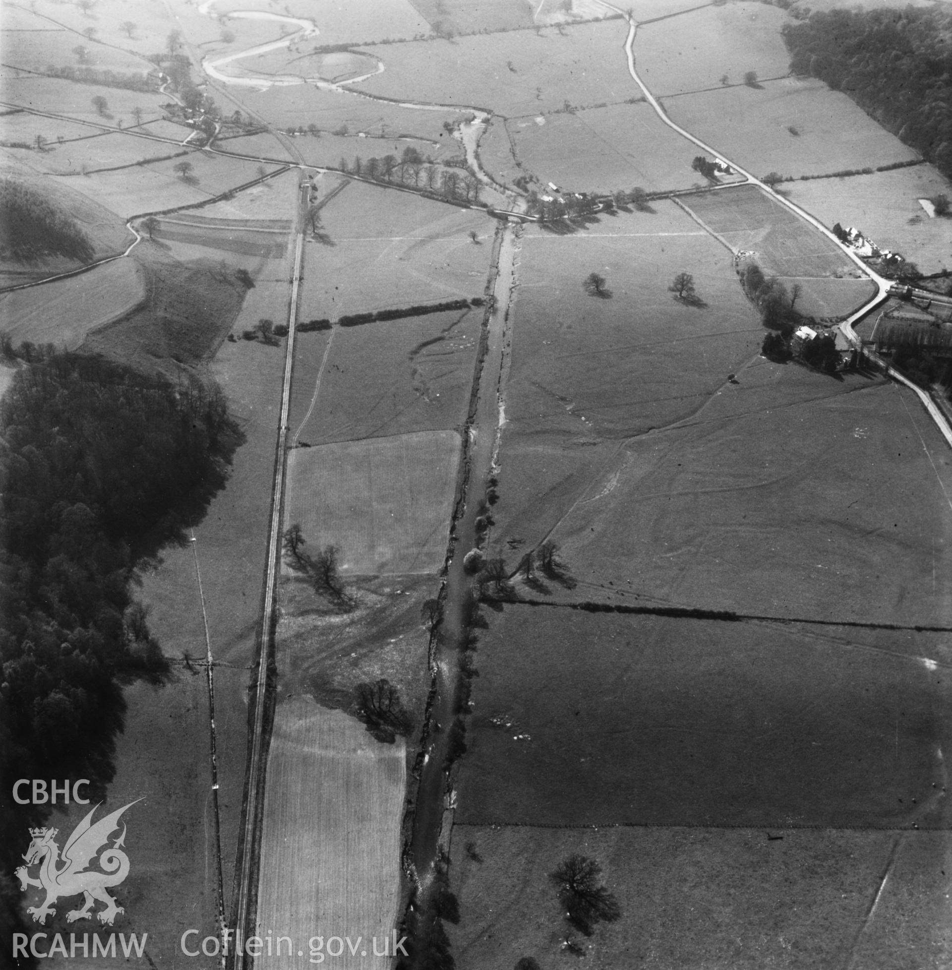 View of the Tanat valley showing railway and Llangedwyn Bridge. Oblique aerial photograph.