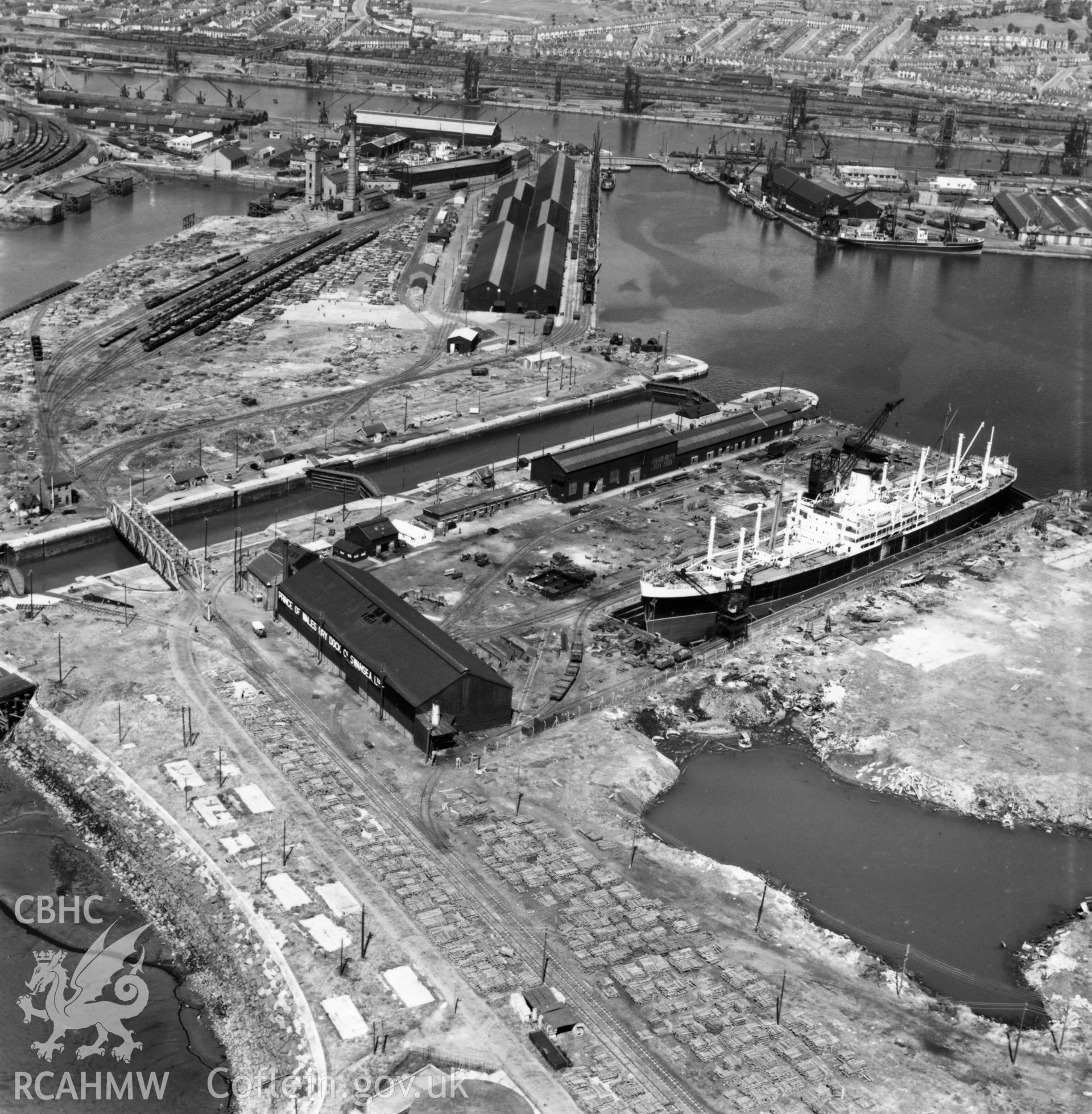 View of Palmers dry dock, Prince of Wales Dry Dock Co. Ltd., Swansea. Oblique aerial photograph, 5?" cut roll film.