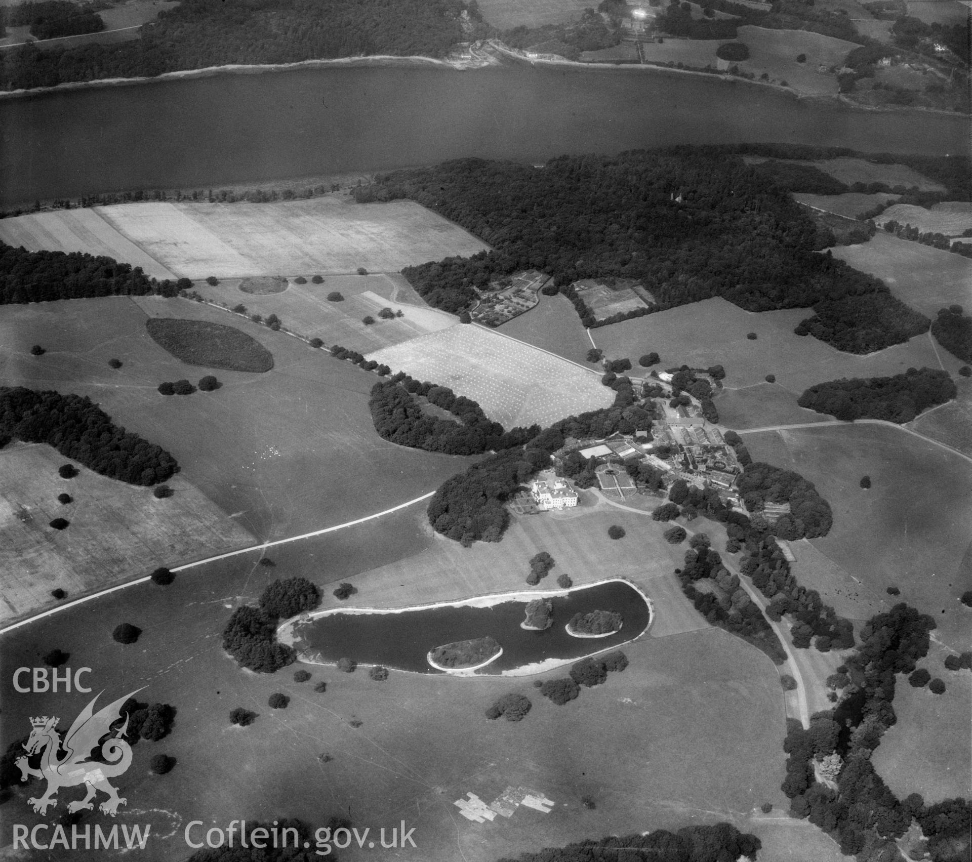 View of Vaynol Hall, estate buildings and parkland