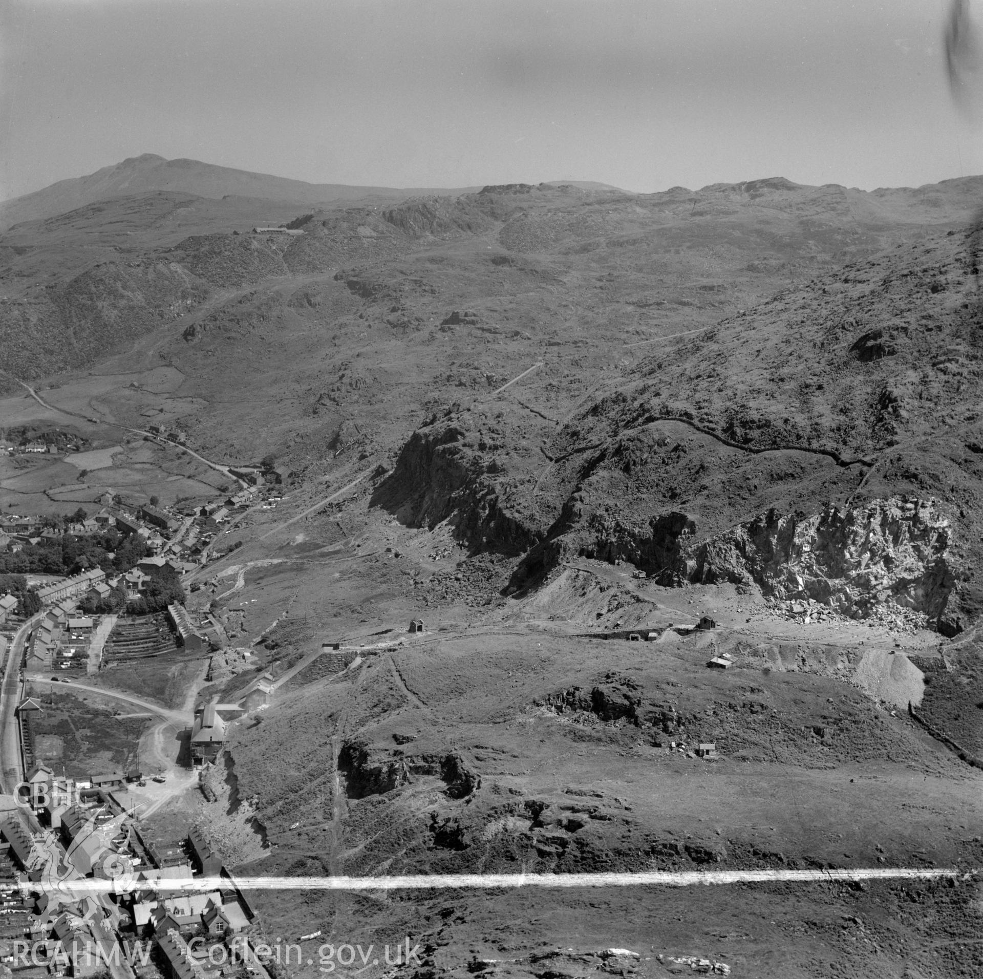 View of Madoc quarry, Blaenau Ffestiniog, commissioned by Cawood Wharton & Co. Ltd.. Oblique aerial photograph, 5?" cut roll film.