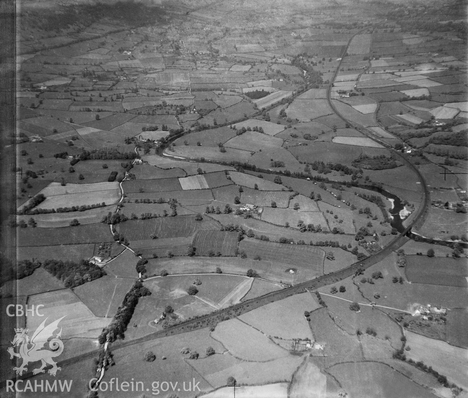 View of landscape south of Abergavenny showing the railway and river Usk