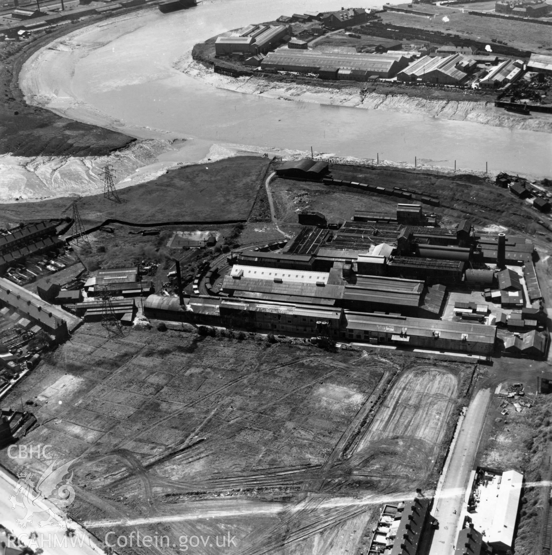View of the British Glues and Chemicals works, Newport. Oblique aerial photograph, 5?" cut roll film.