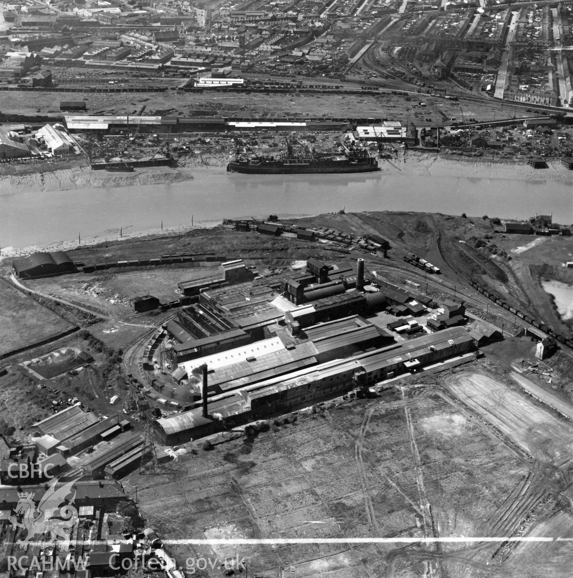 View of the British Glues and Chemicals works, Newport. Oblique aerial photograph, 5?" cut roll film.