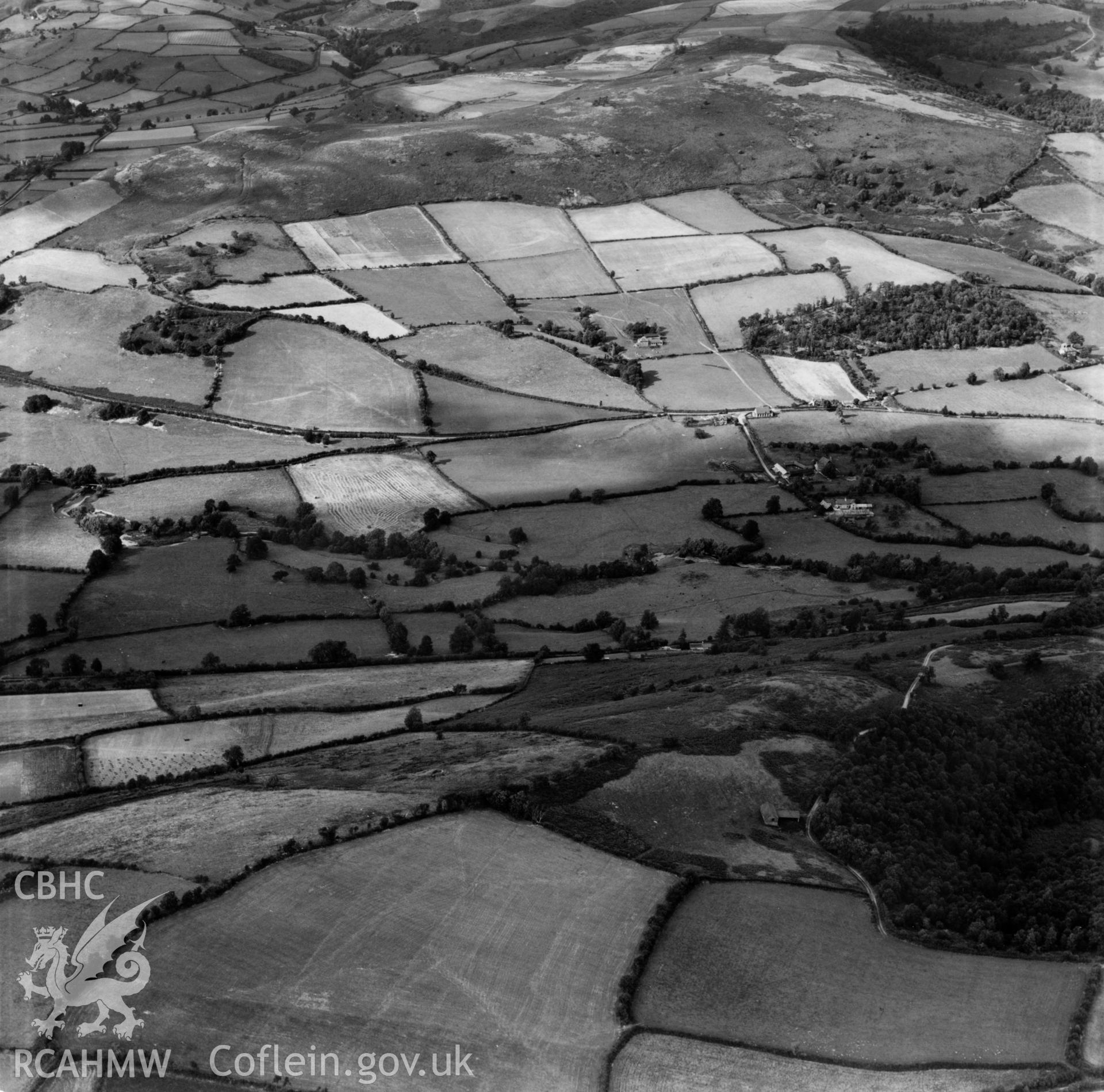 View of Rodd, Lugg Valley, looking west, commissioned by Lord Renner. Oblique aerial photograph, 5?" cut roll film.