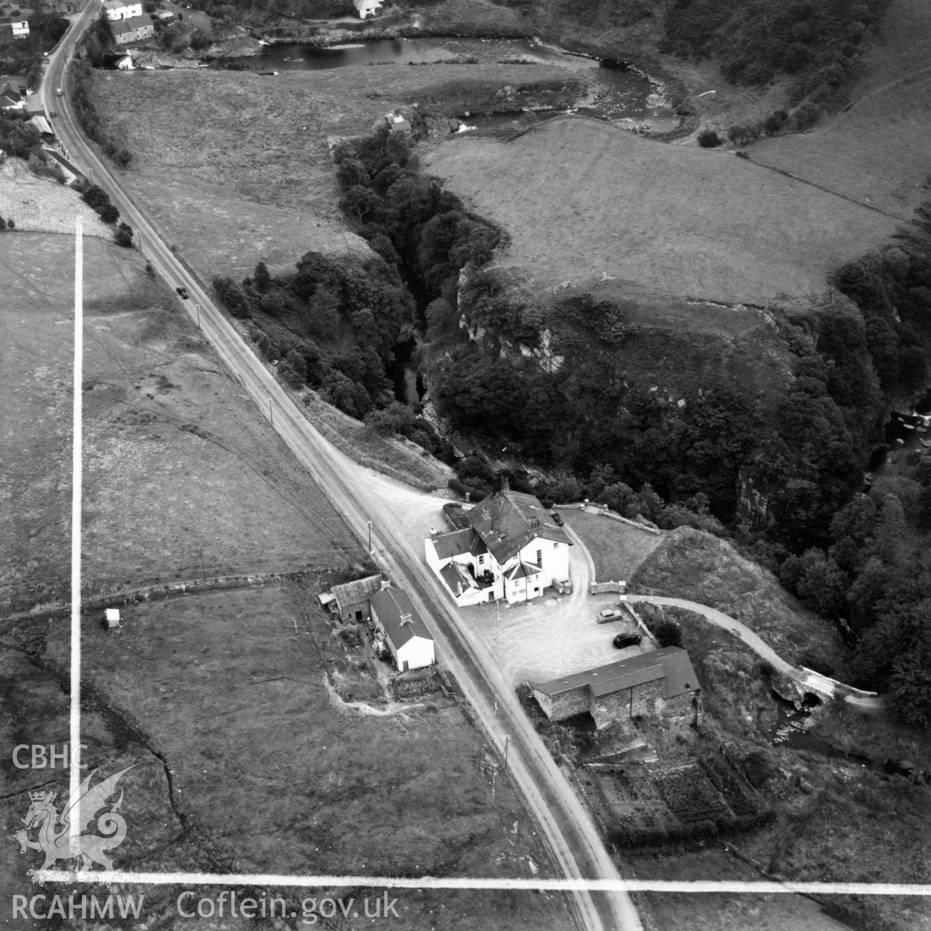View of the George Borrow Hotel, Ponterwyd. Oblique aerial photograph, 5?" cut roll film.